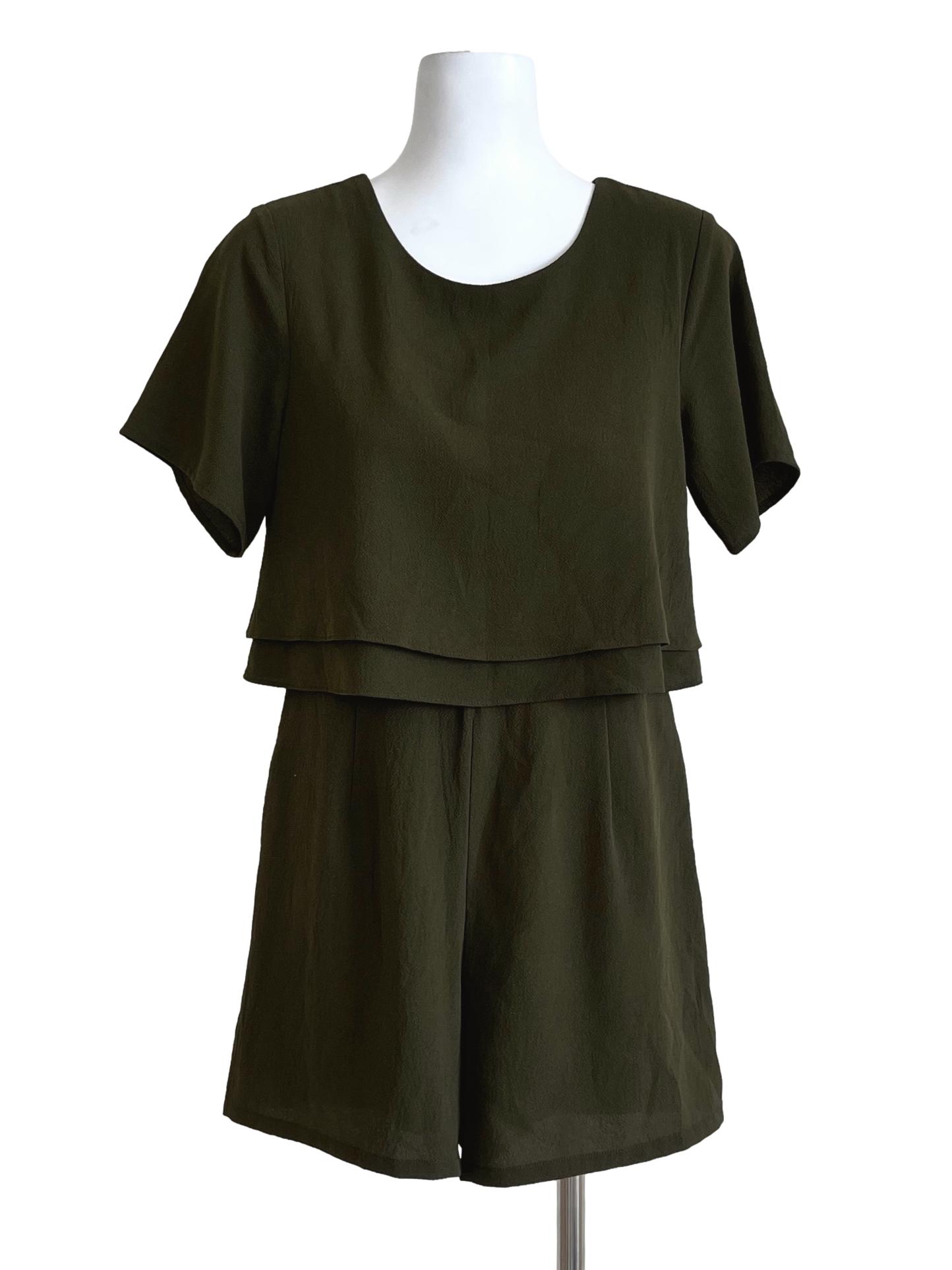 Olive Green Plain Short Sleeve Romper