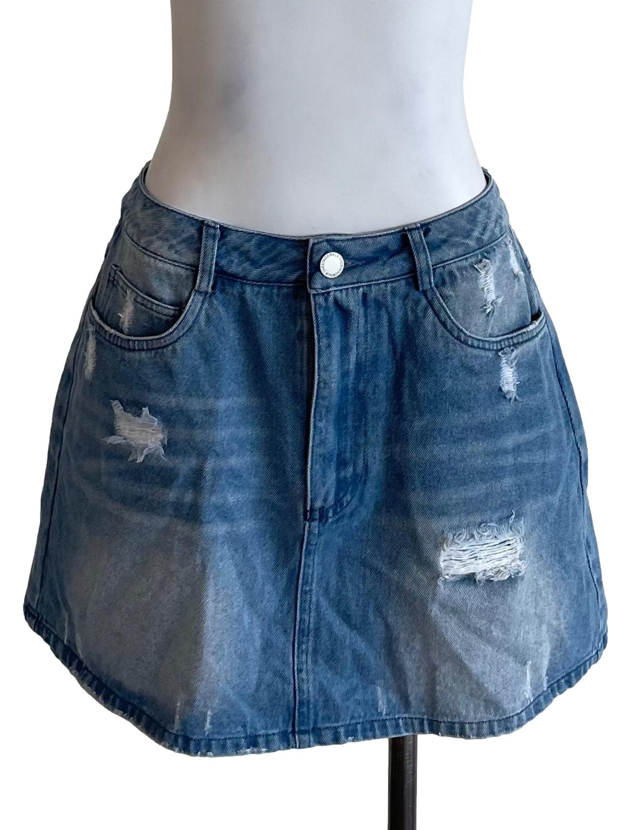 Blue A-Line Distressed Denim Skorts