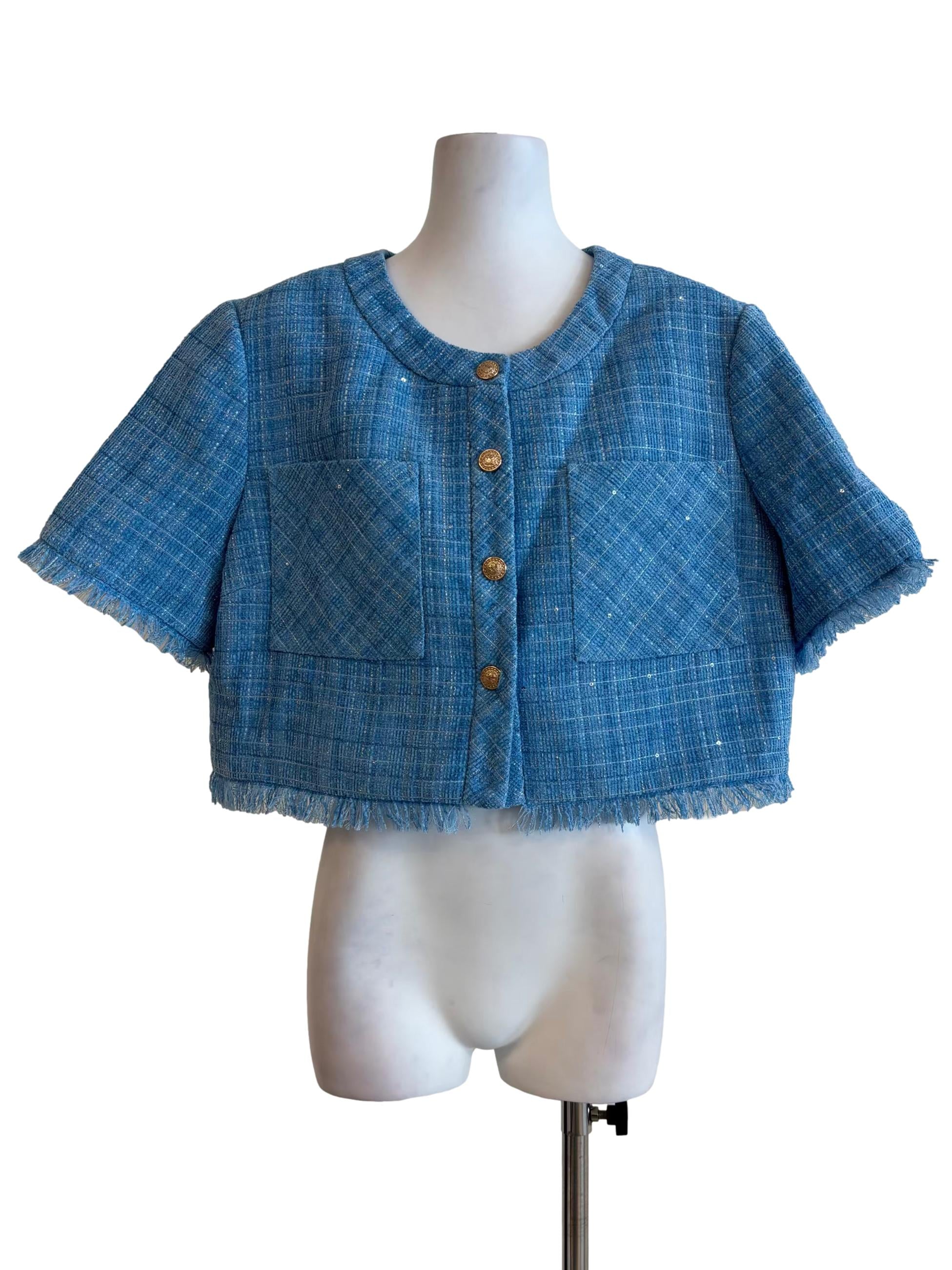 Azure Blue Gold Button Tweed Top