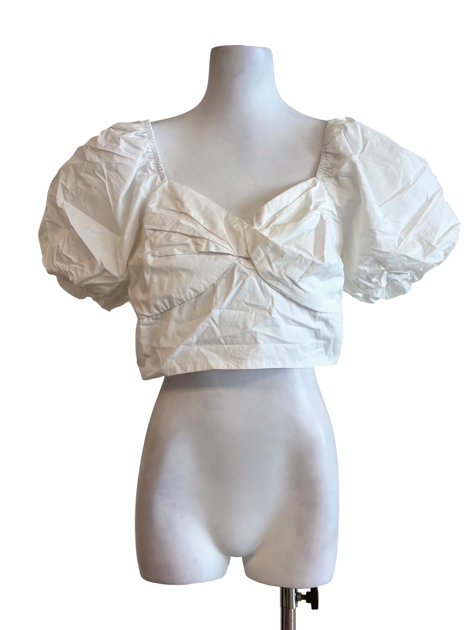 Powder White Puff Sleeve Sweetheart Blouse