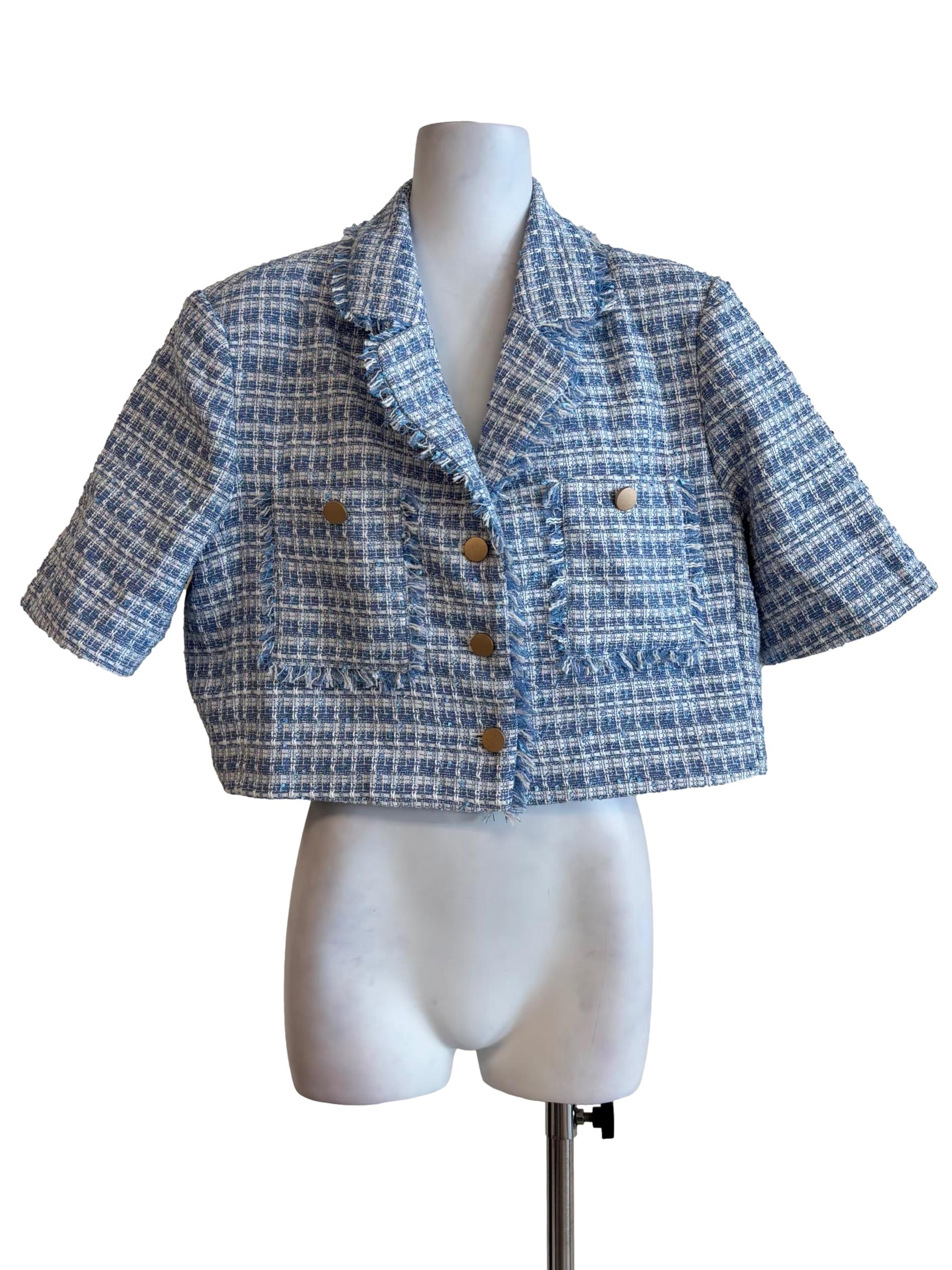 Carolina Blue Short Sleeve Tweed Top