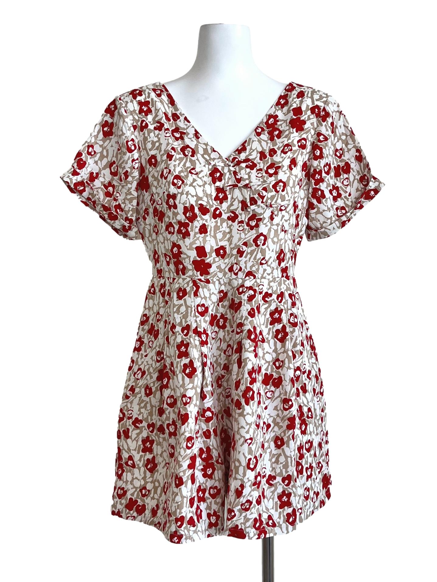 Brown Red Flowers Pattern V Neck Romper