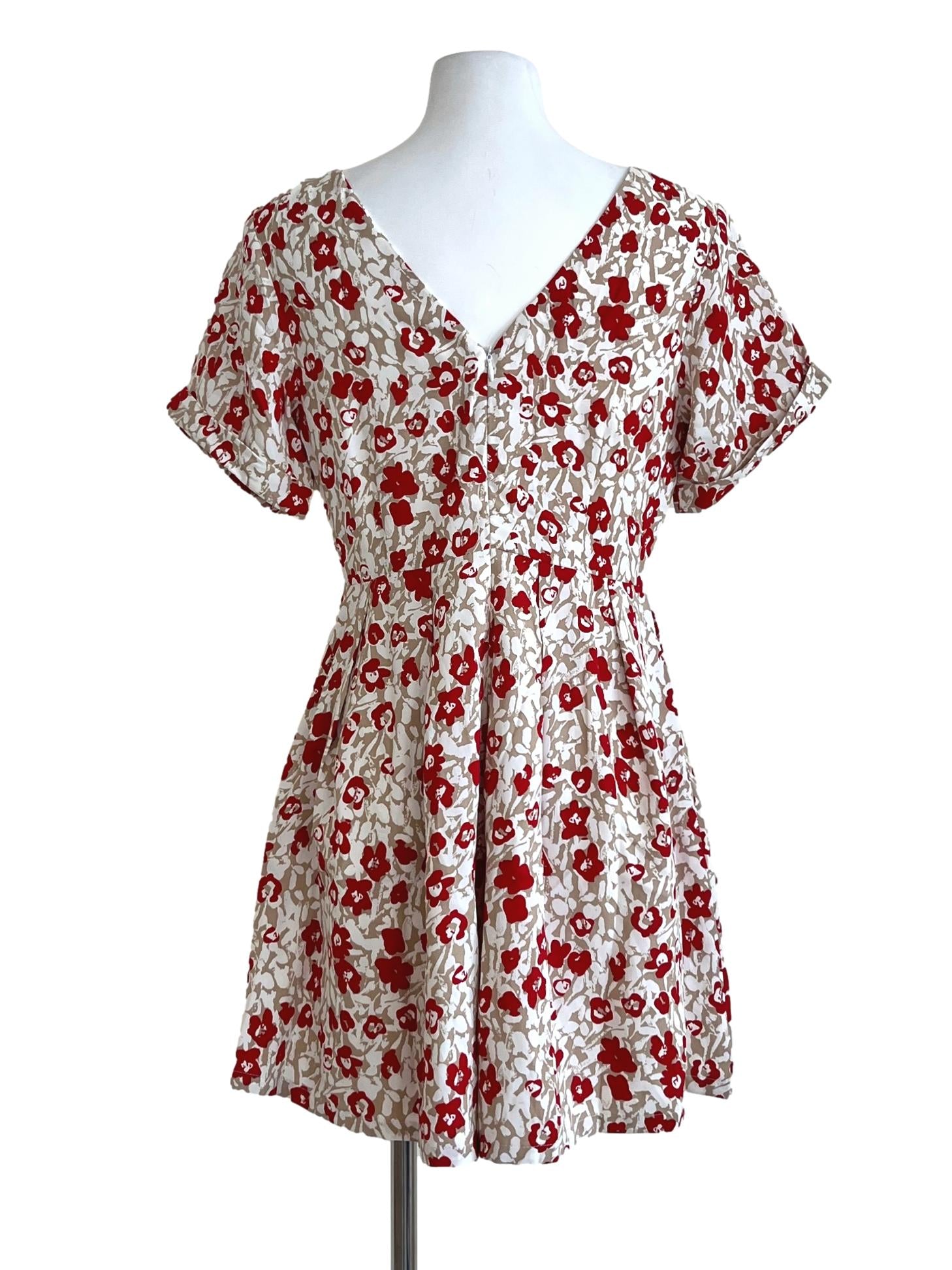 Brown Red Flowers Pattern V Neck Romper