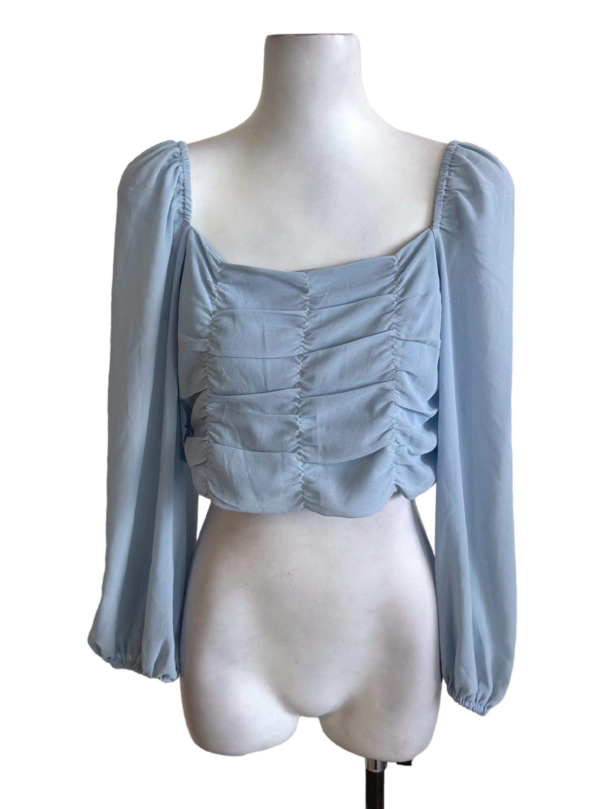 Light Blue Drape Long Sleeve Top YHF