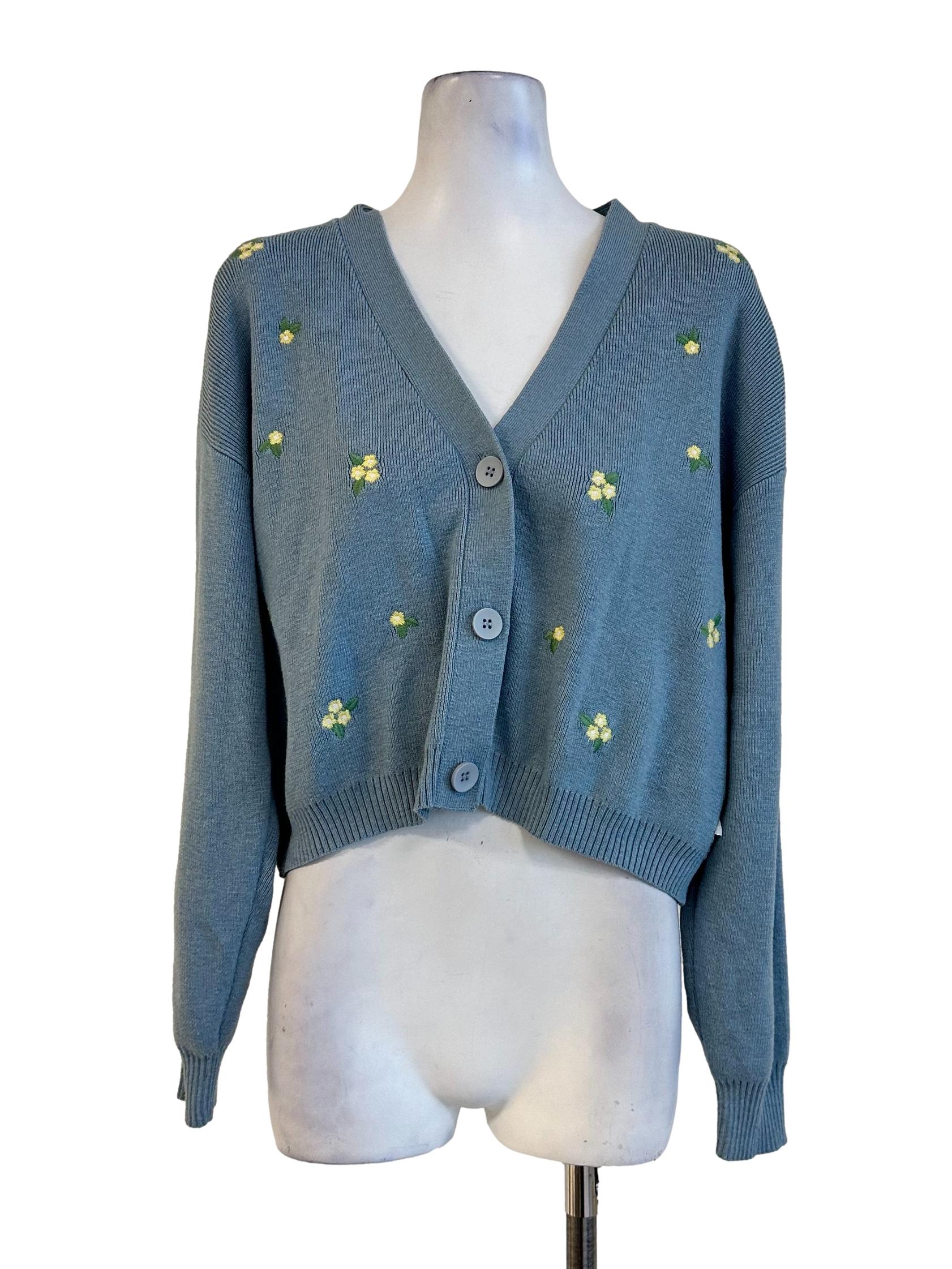 Cerulean Blue Flower Embroidery Knit Cardigan