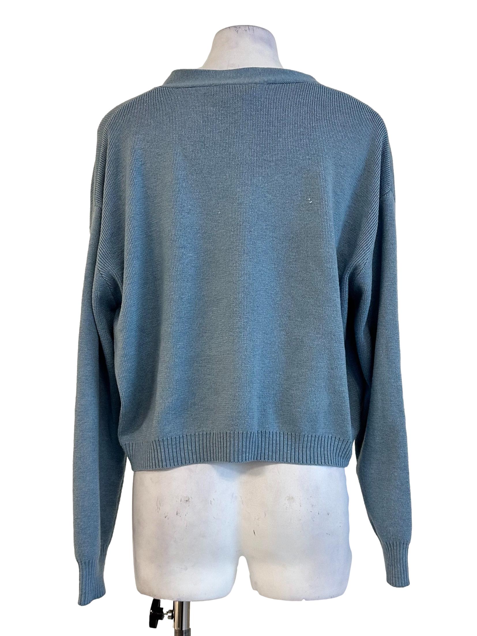 Cerulean Blue Flower Embroidery Knit Cardigan