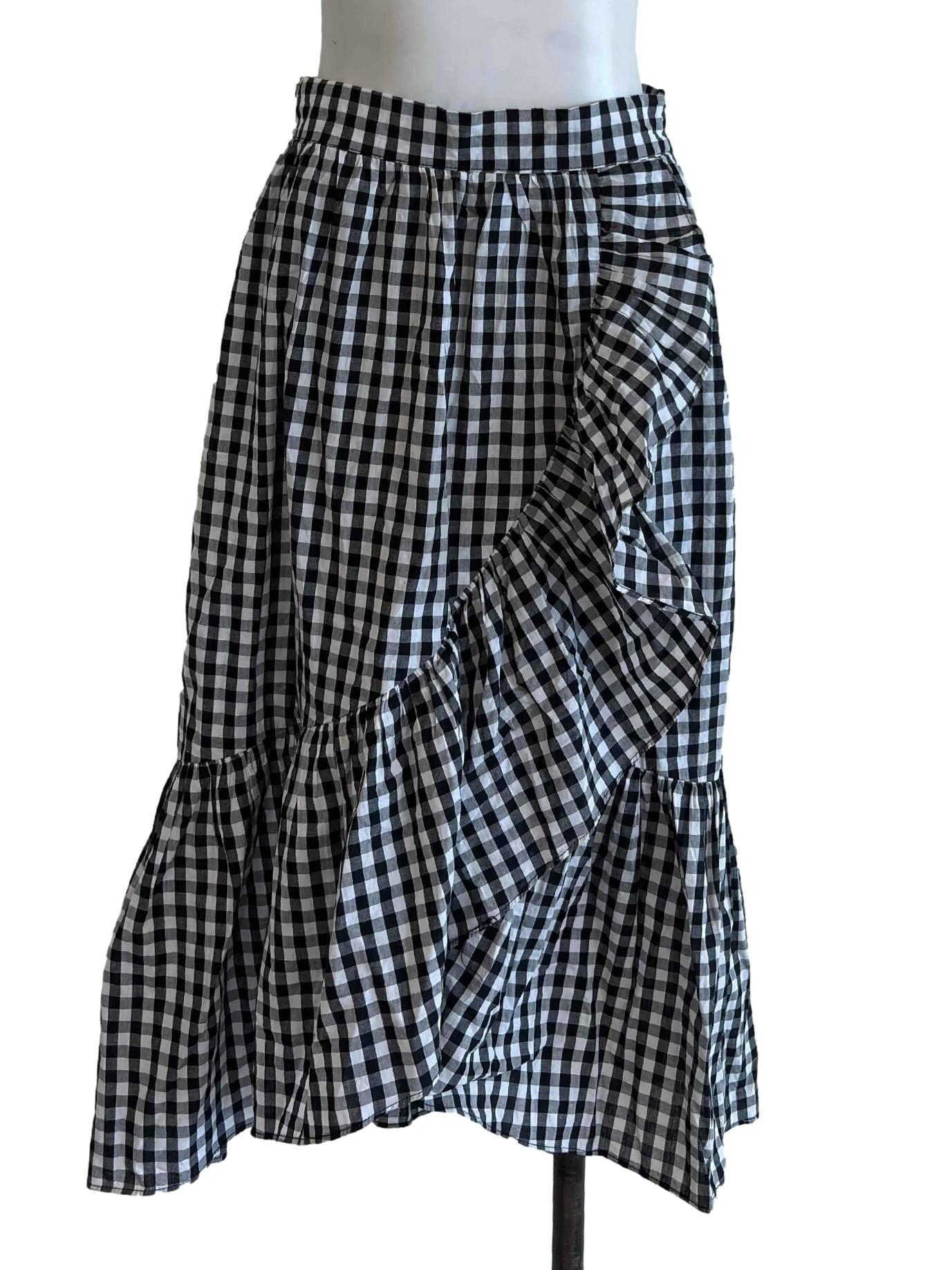 Black Gingham Ruffle Midi Skirt
