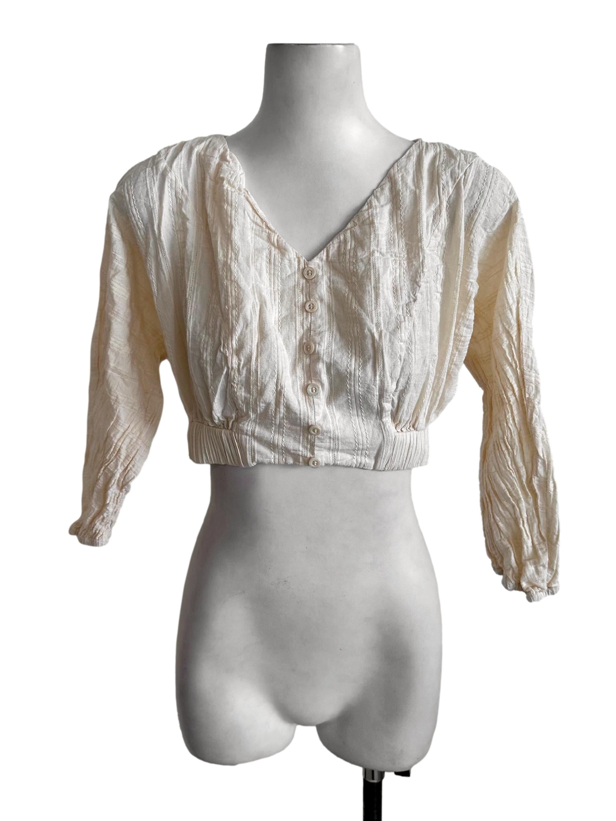 Cream Yellow Textured V Neck Button Top