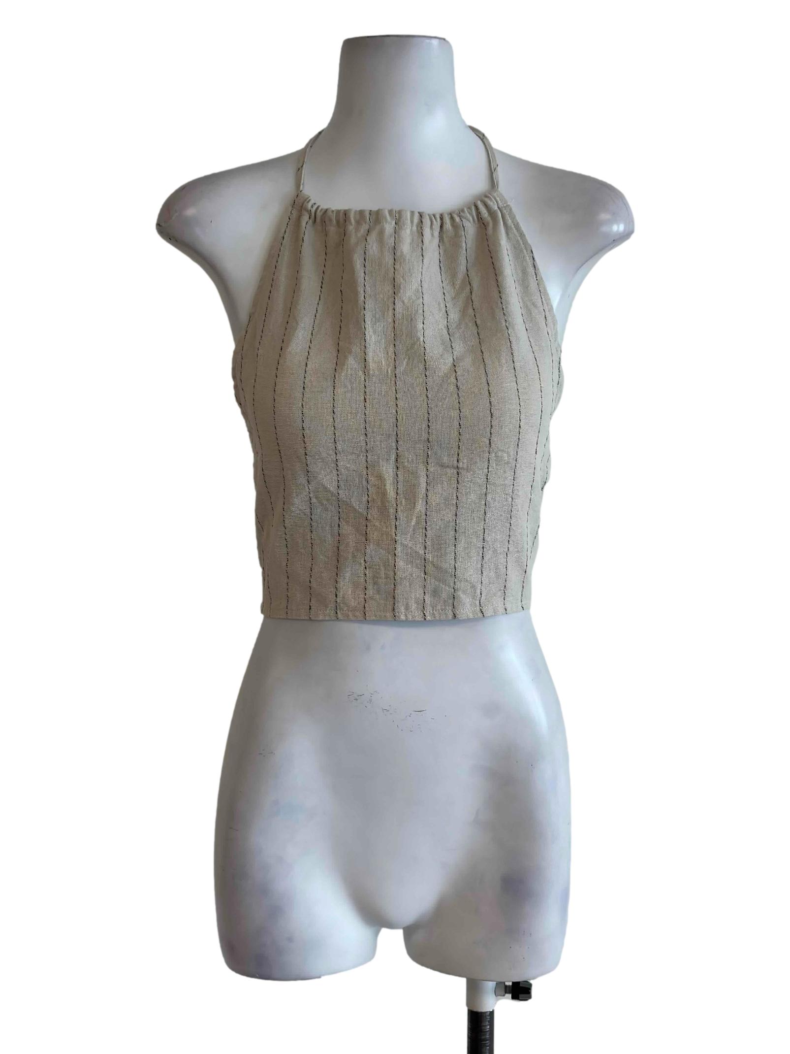 Nude Brown Pinstripe Halter Self Tie Crop Top