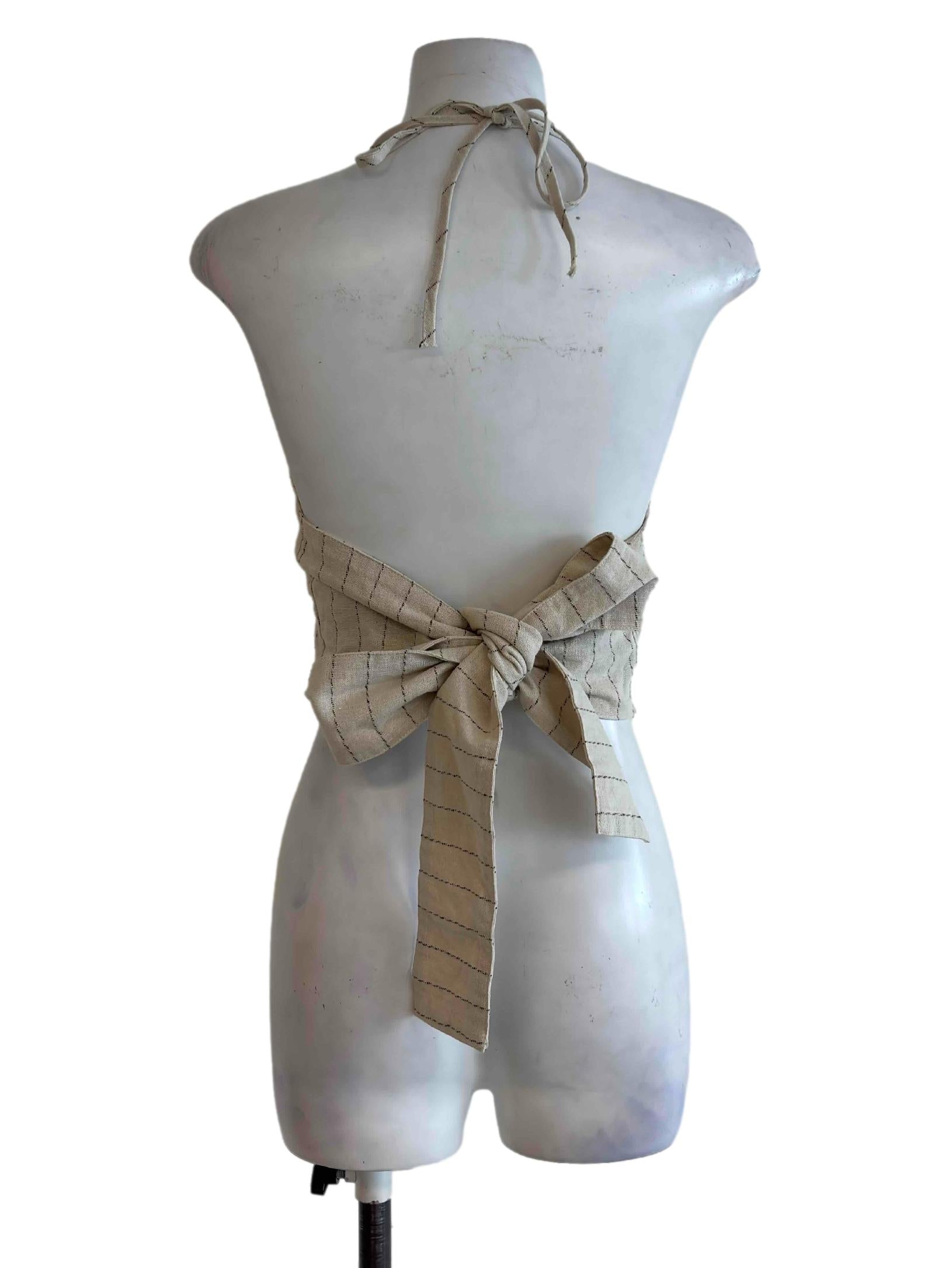Nude Brown Pinstripe Halter Self Tie Crop Top