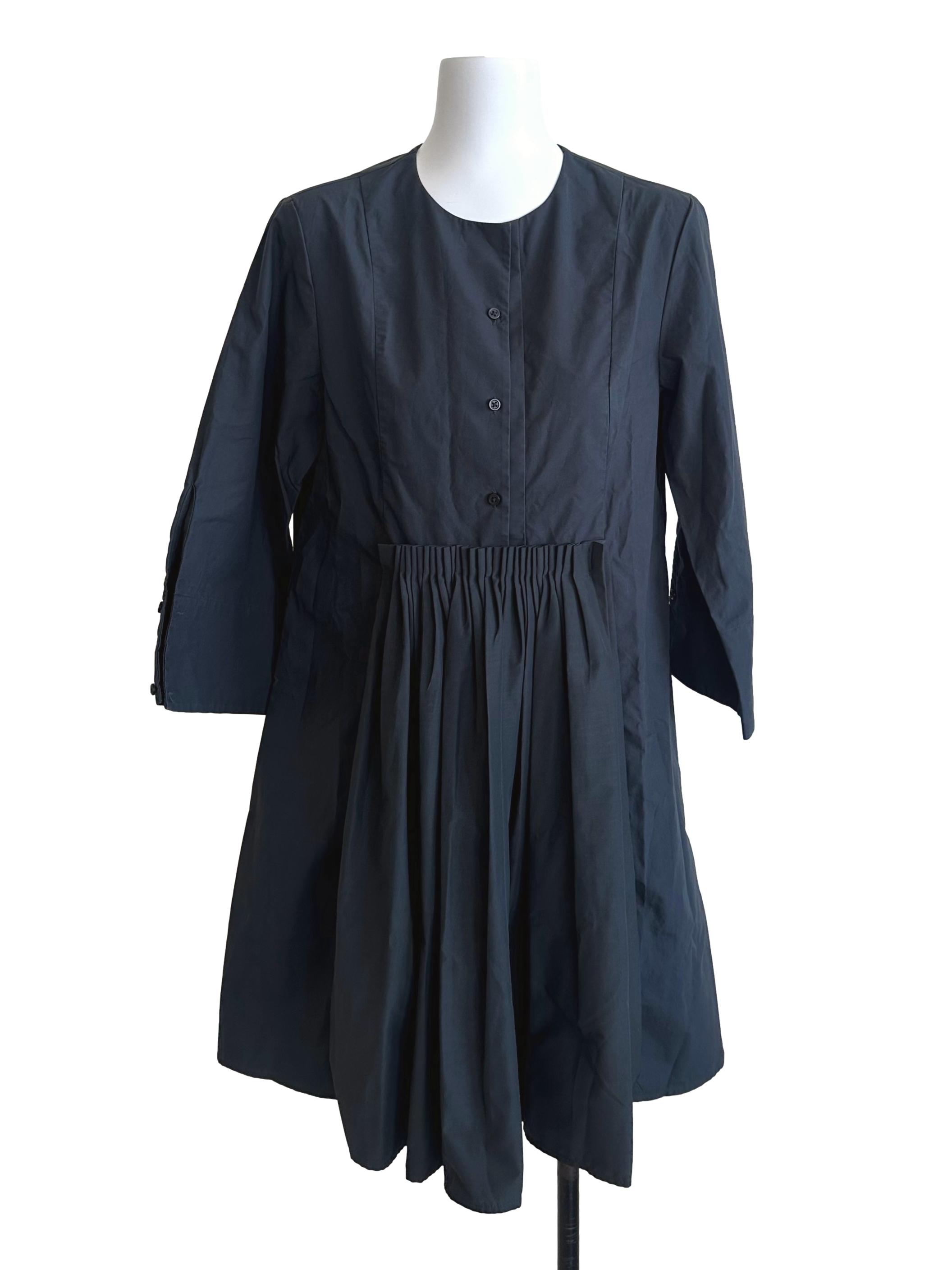 Cloud Grey Round Neck Pleated Button Dress