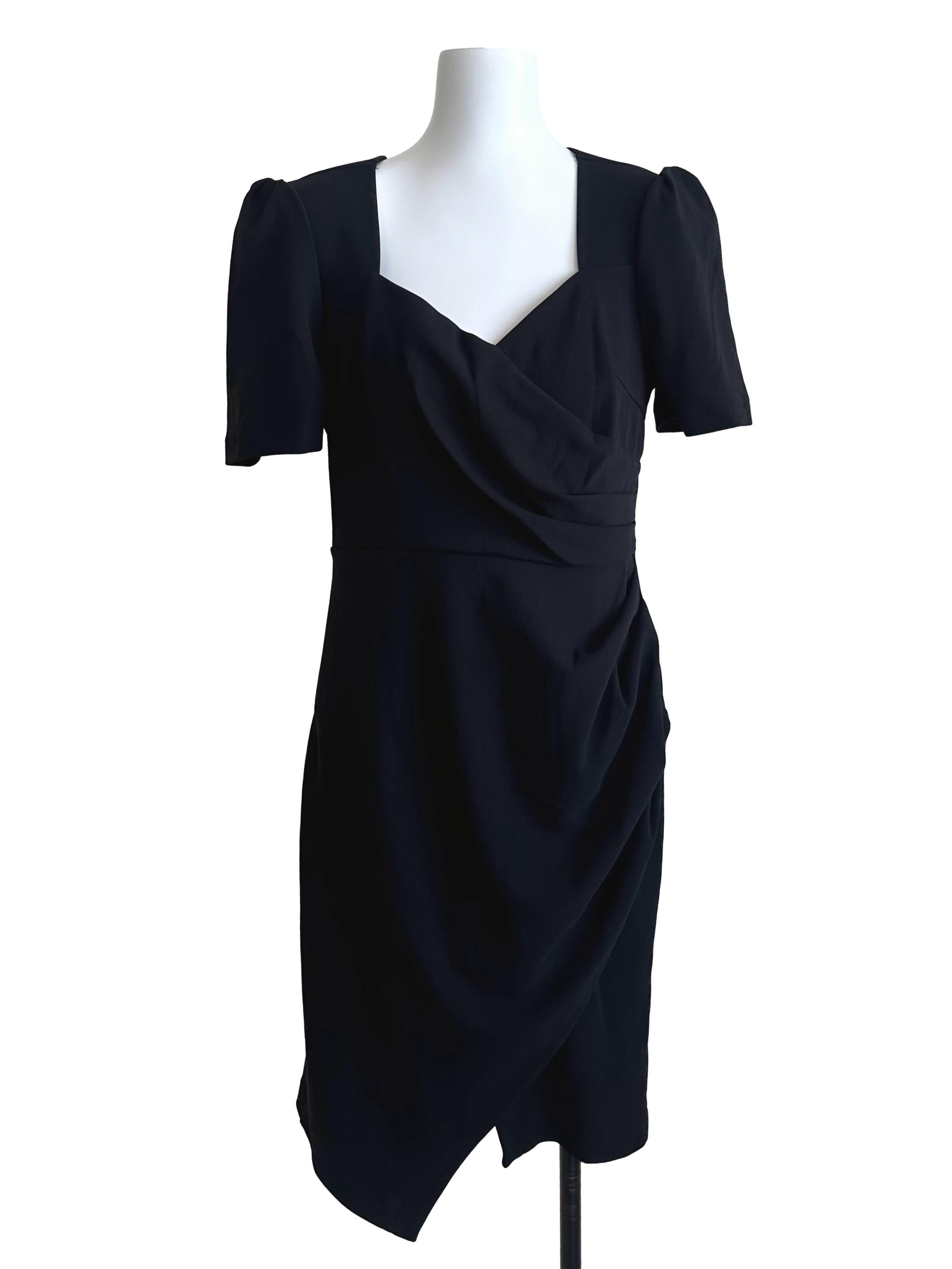 Onyx Black V Neck Drape Puff Sleeve Dress