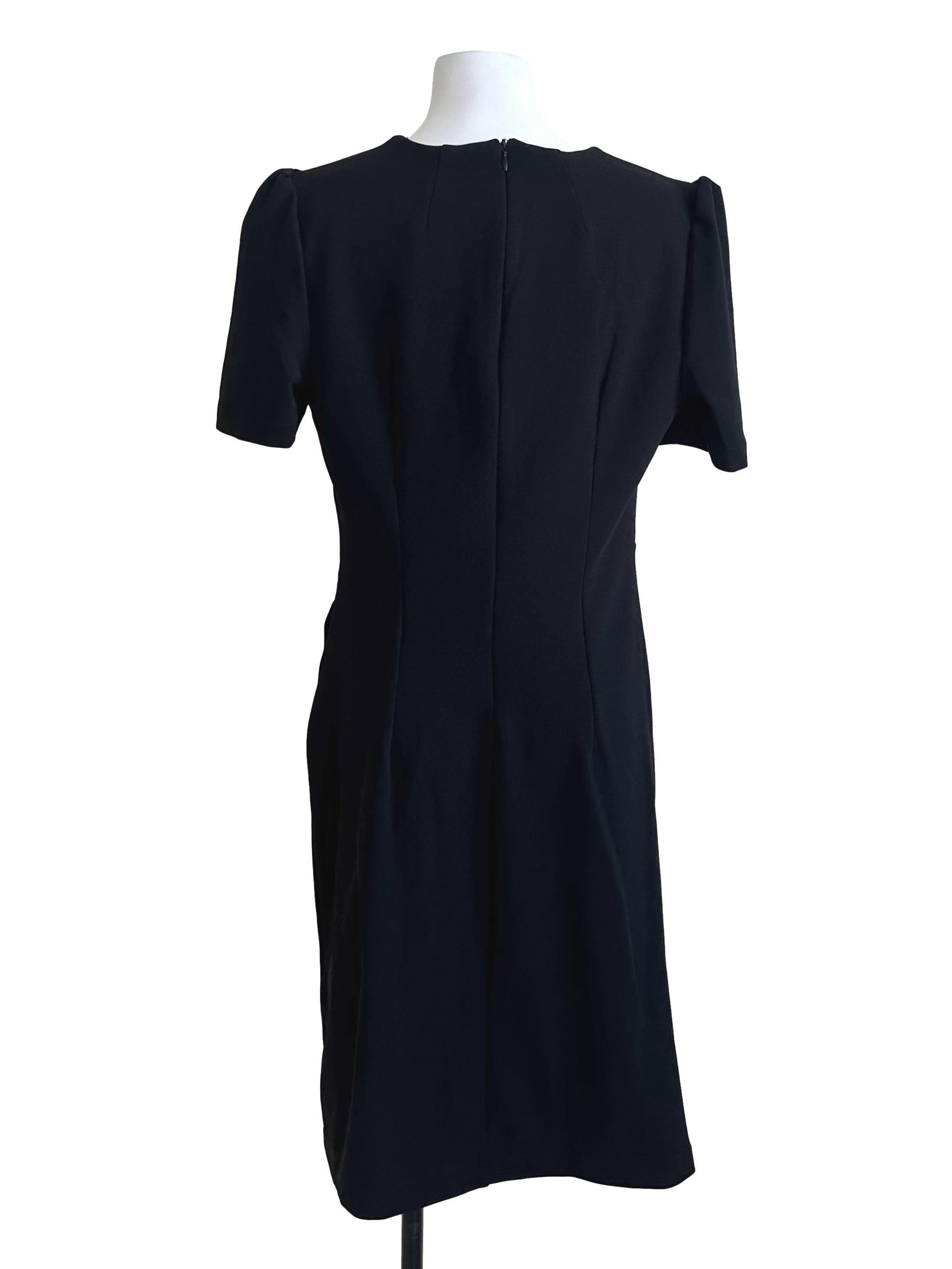 Onyx Black V Neck Drape Puff Sleeve Dress