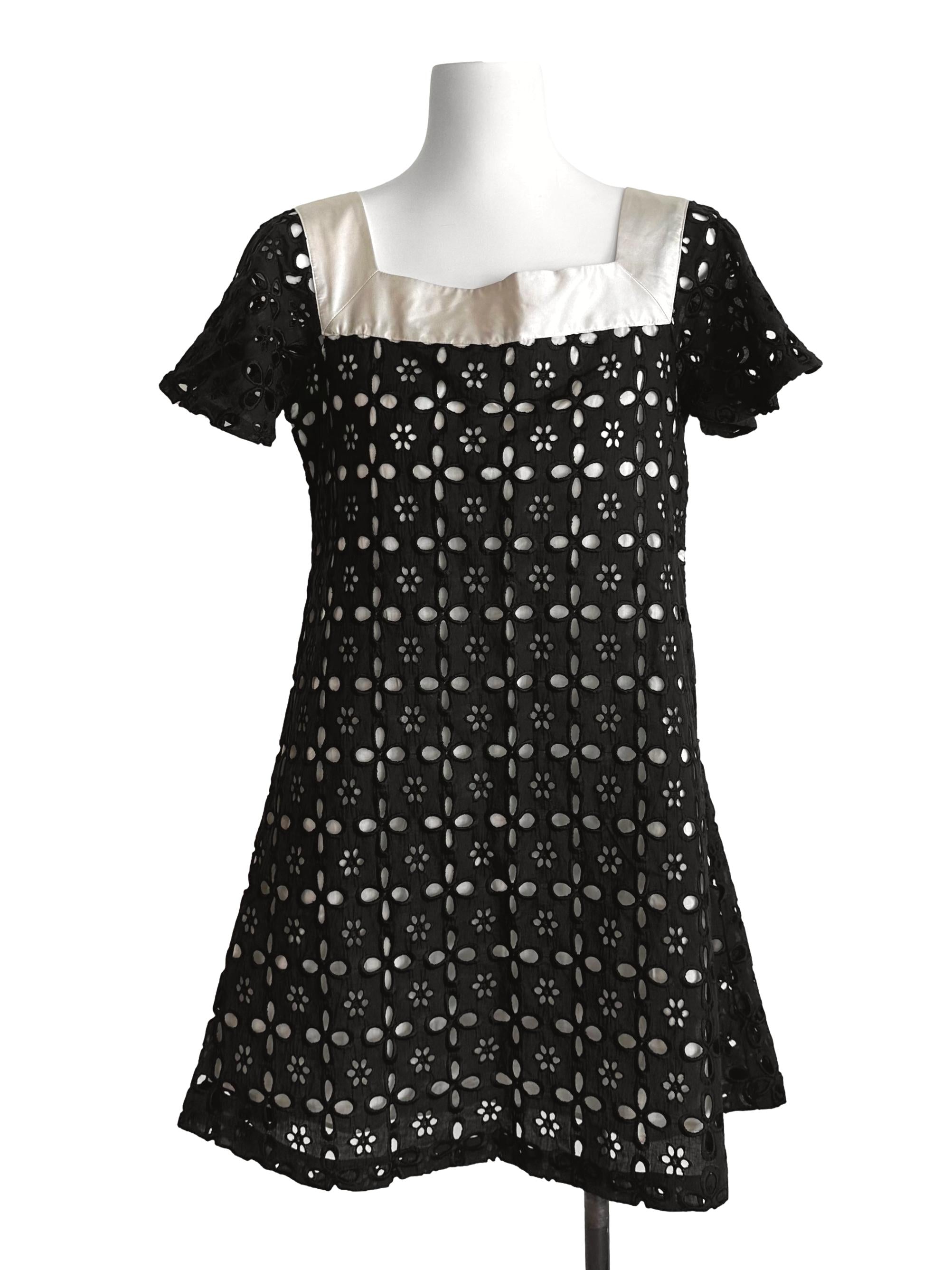 Black Cream Eyelet Embroidery Square Neck Dress