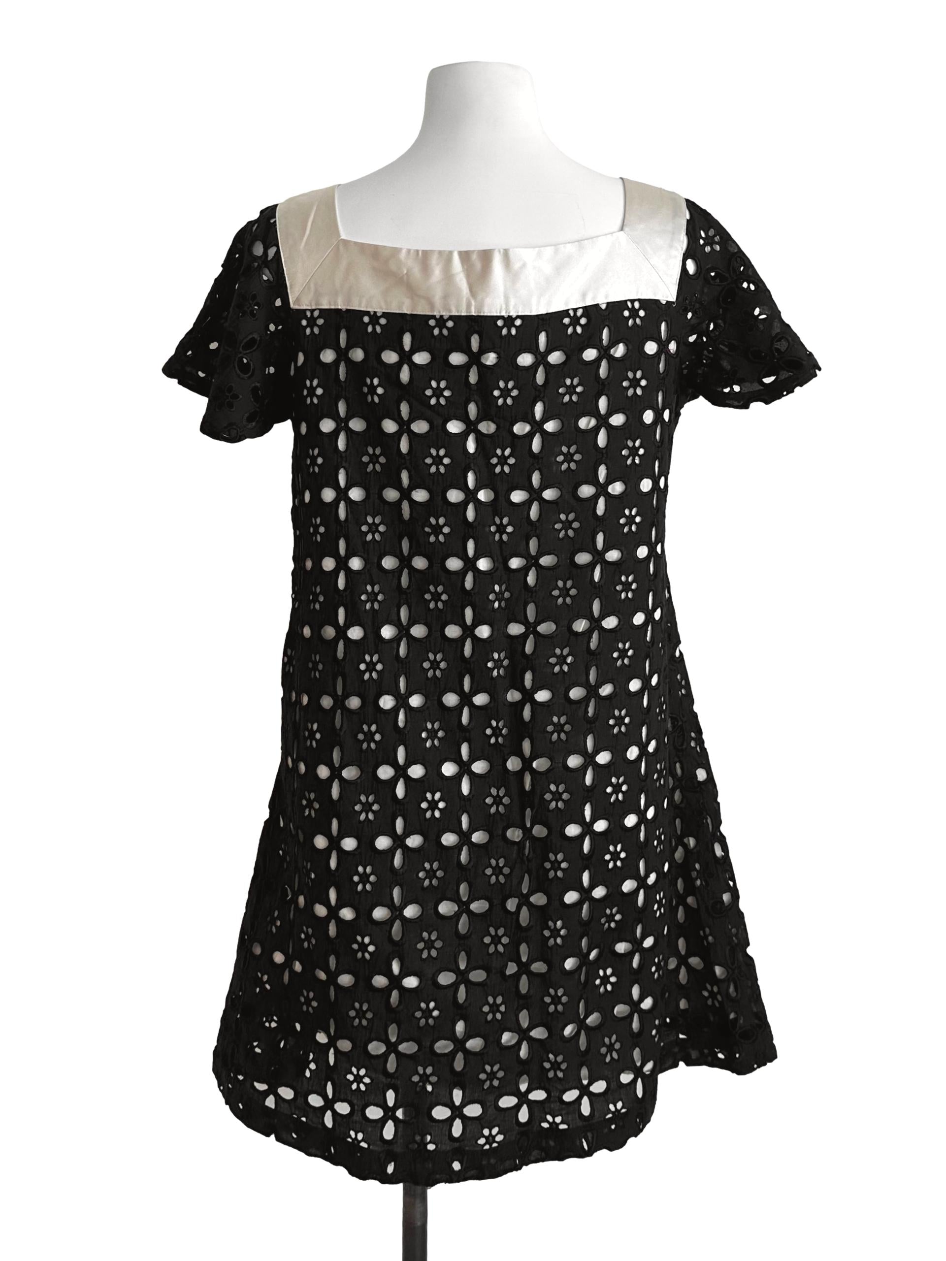 Black Cream Eyelet Embroidery Square Neck Dress