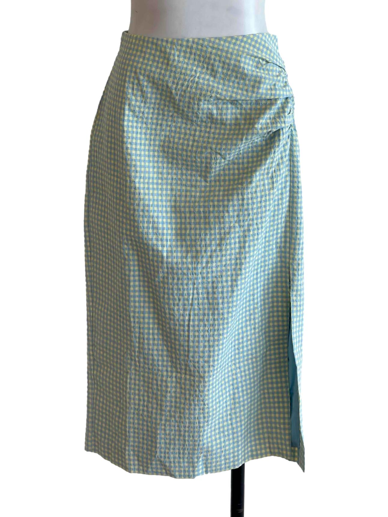Blue Yellow Gingham Slit Midi Skirt