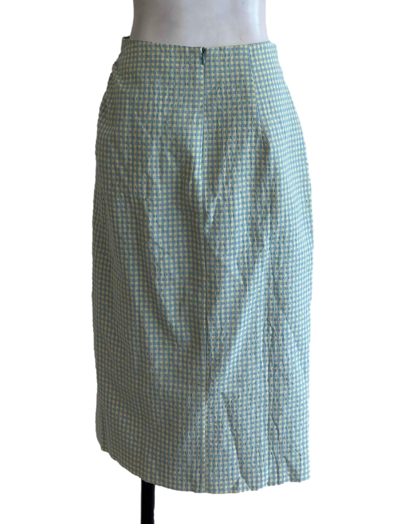 Blue Yellow Gingham Slit Midi Skirt