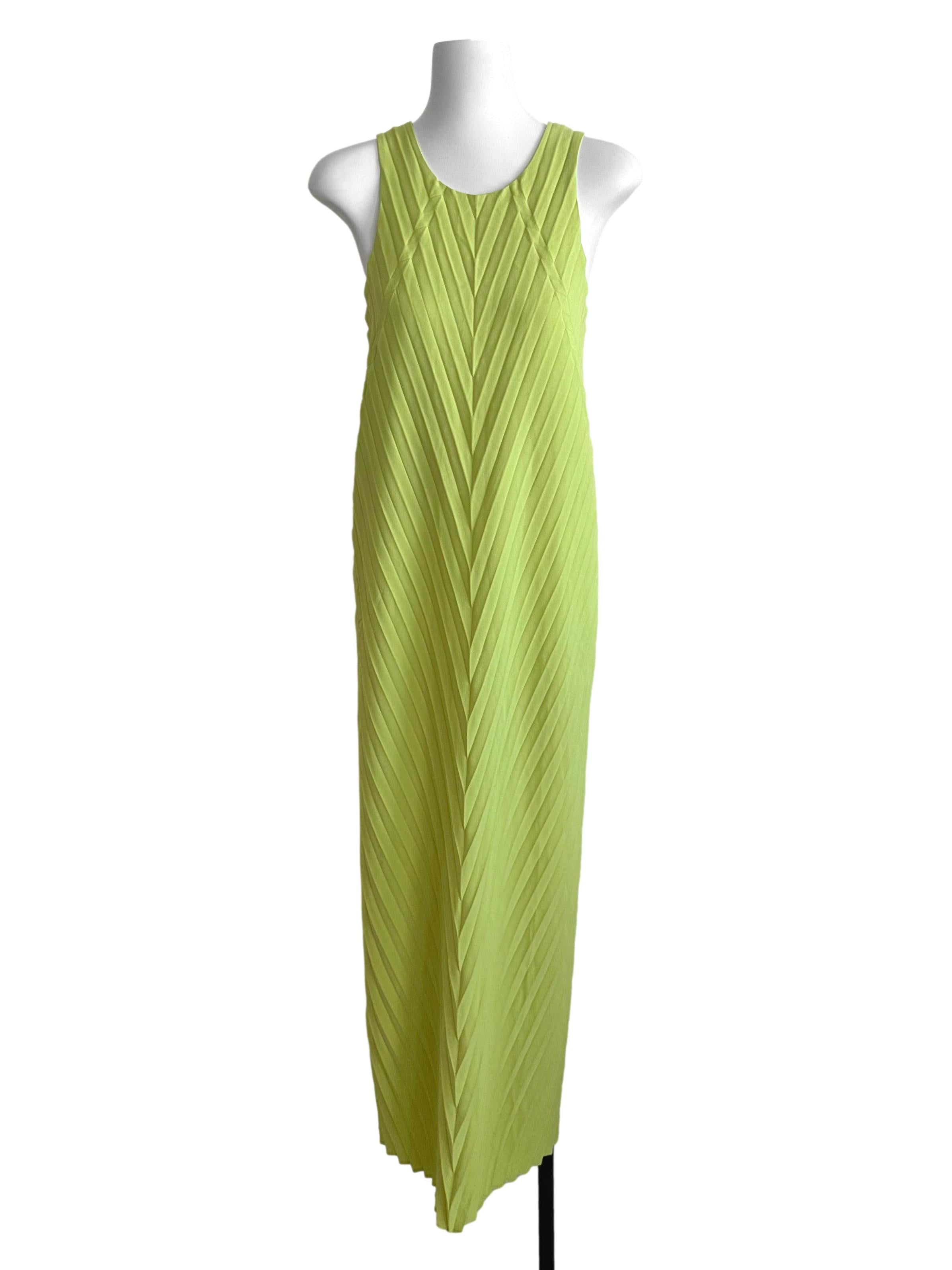 Neon Green Round Neck Pleated Dress