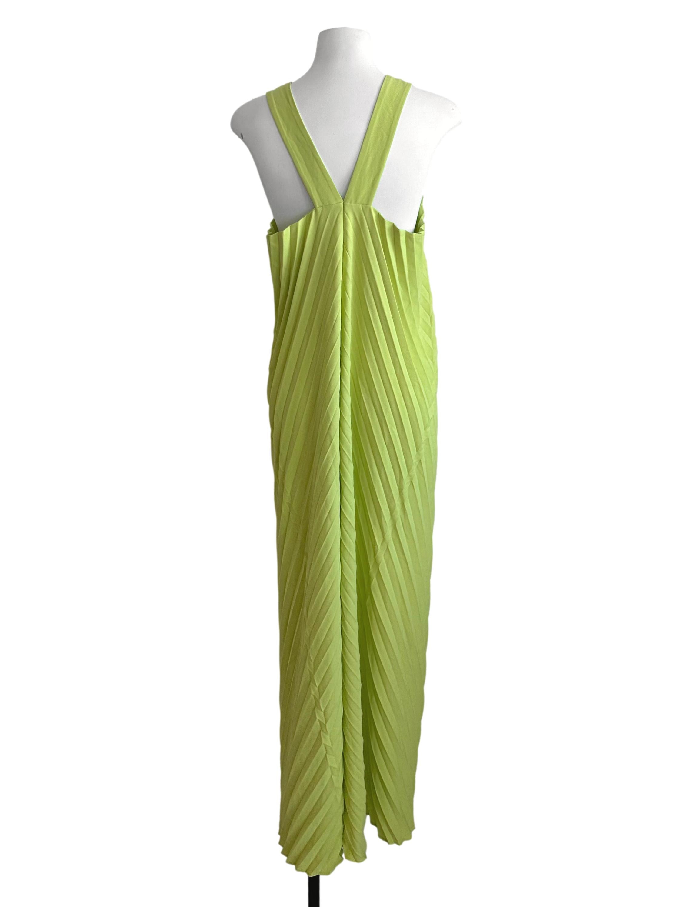 Neon Green Round Neck Pleated Dress