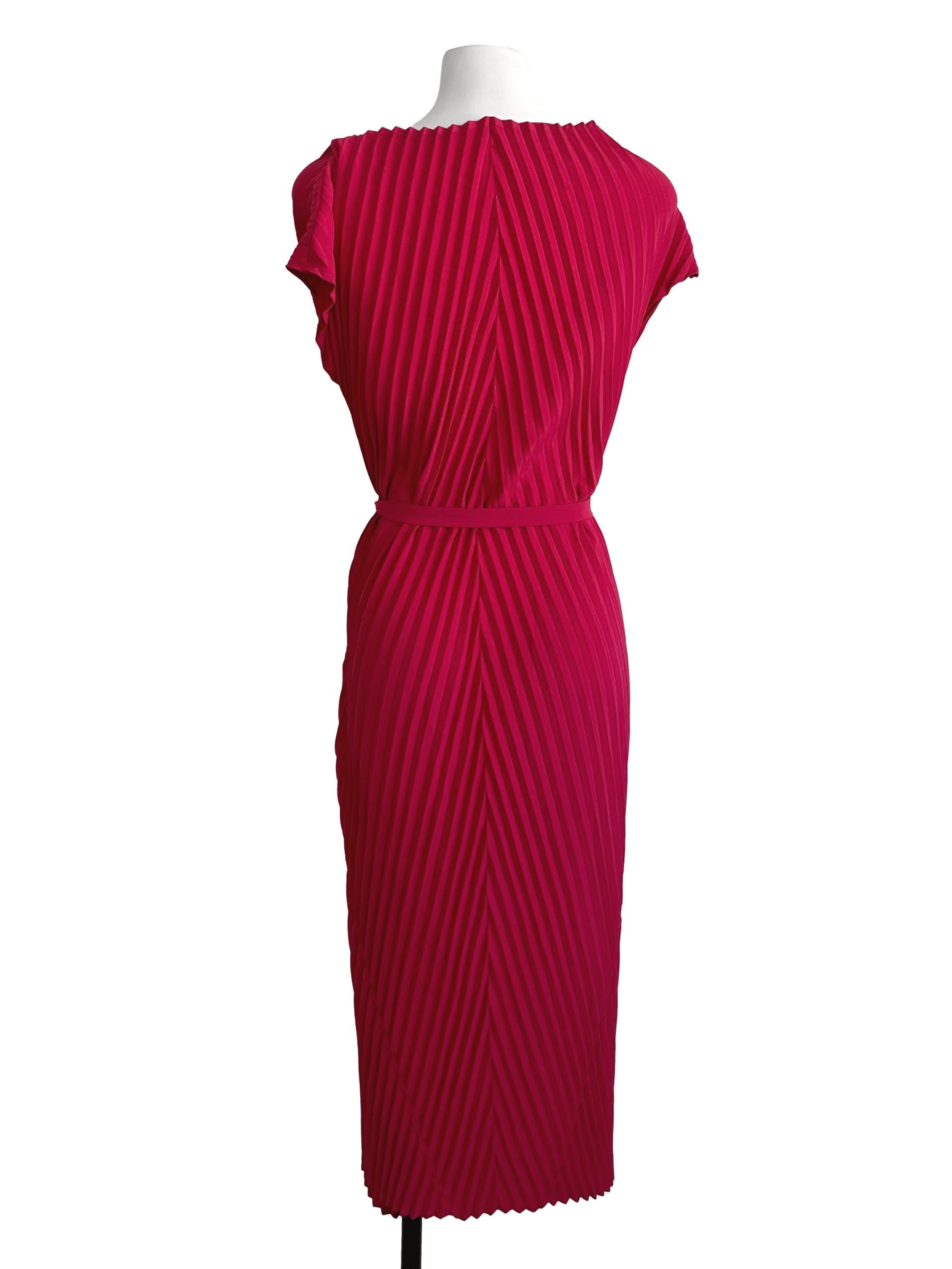 Fushia Pink Pleated Sabrina Neck Slit Dress