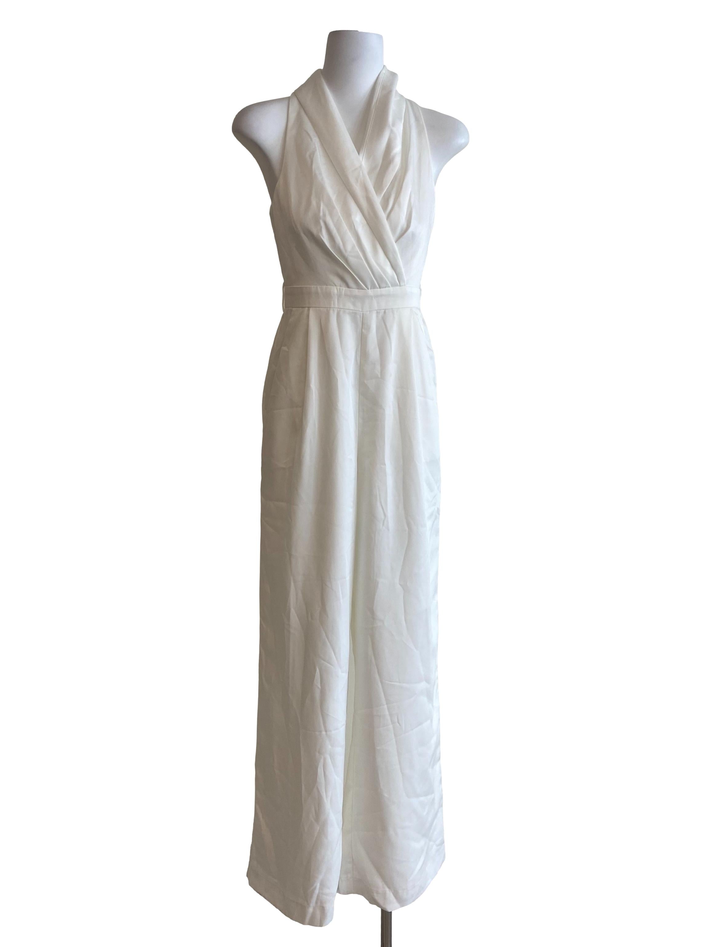 White Sleeveless V Neck Long Jumpsuits