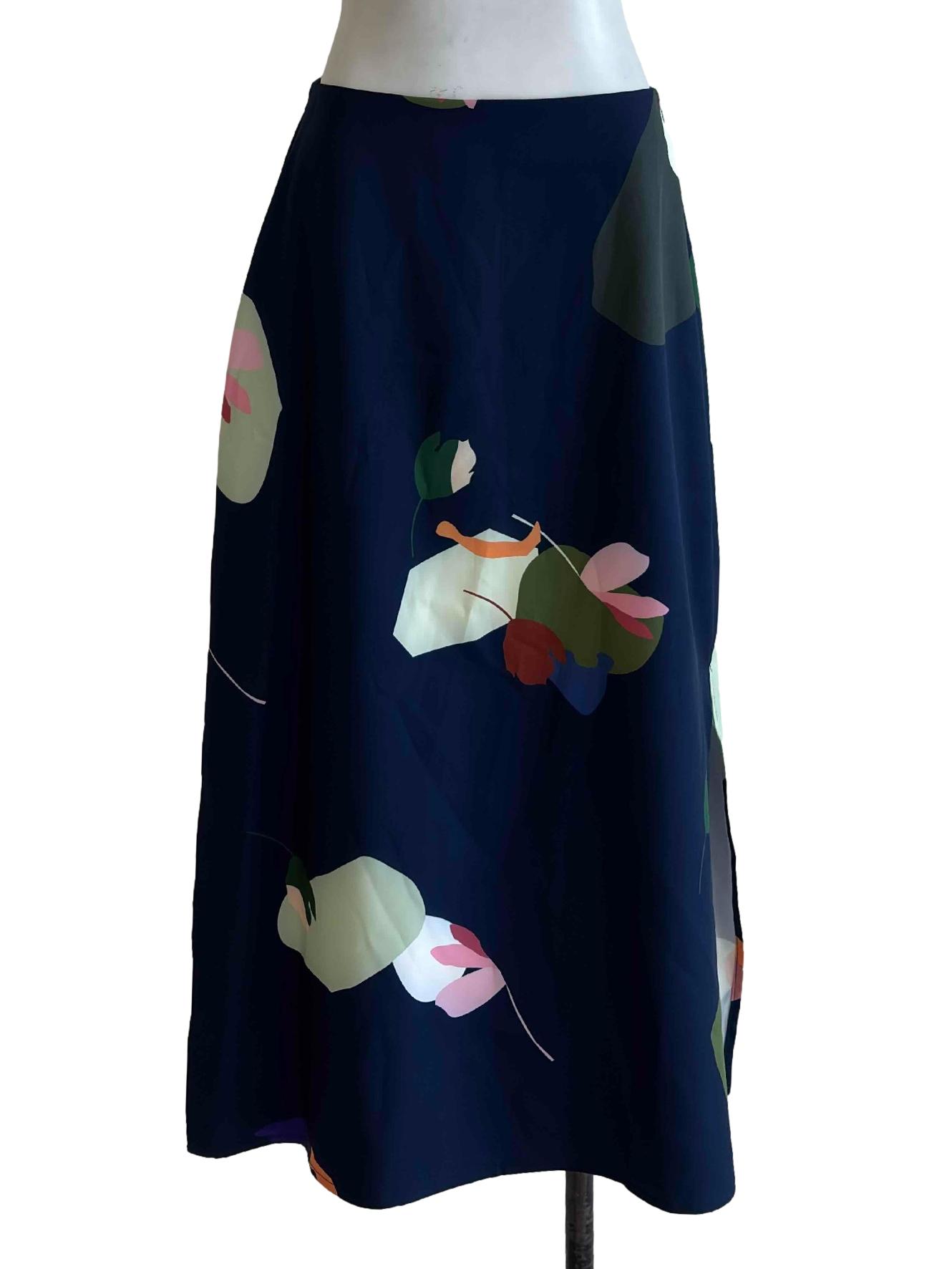 Navy Blue Print Slit Skirt