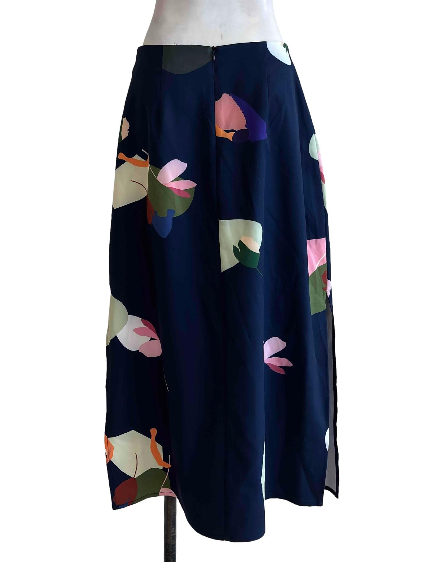 Navy Blue Print Slit Skirt