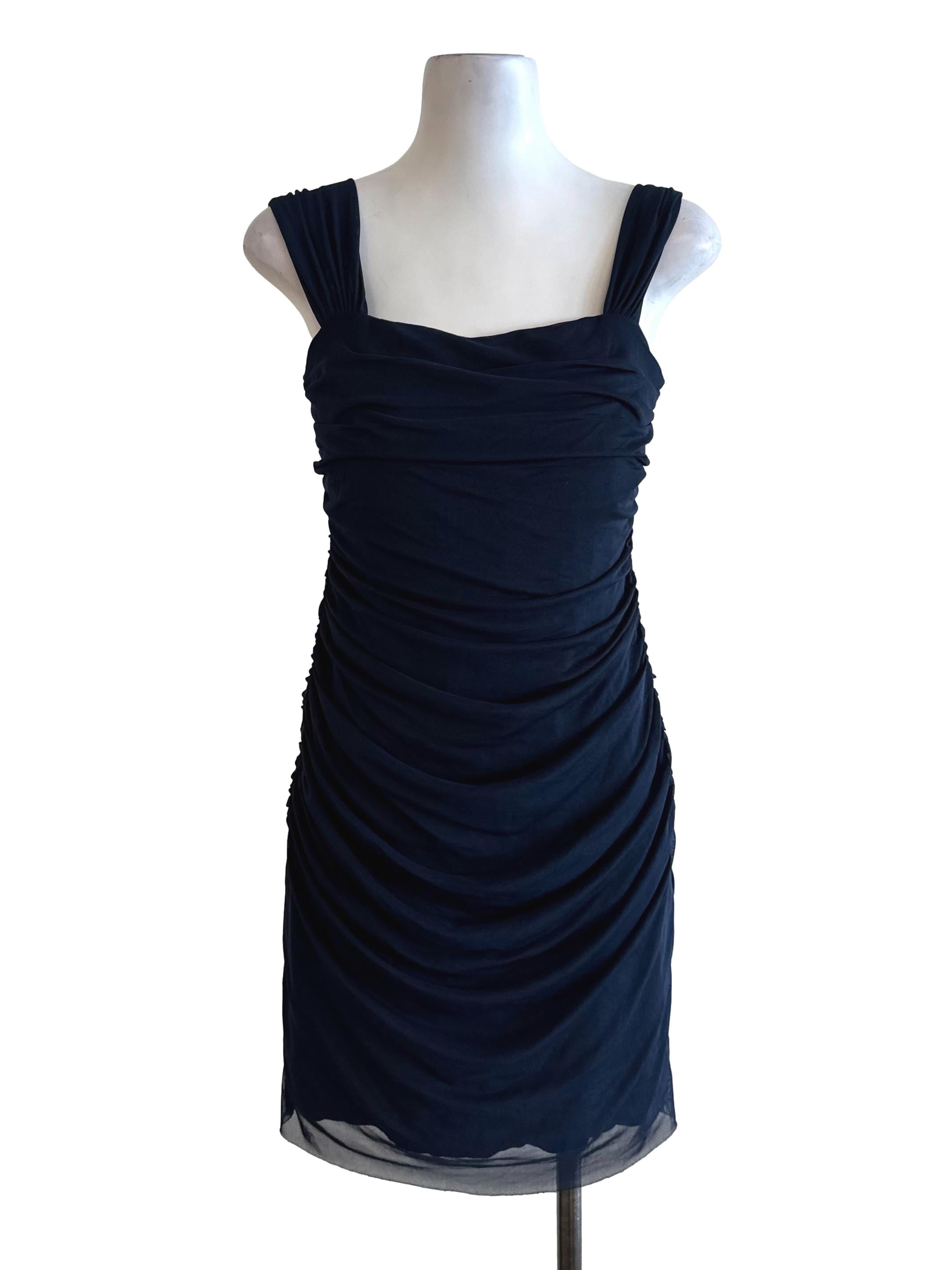 Navy Blue Ruched Mesh Net Dress