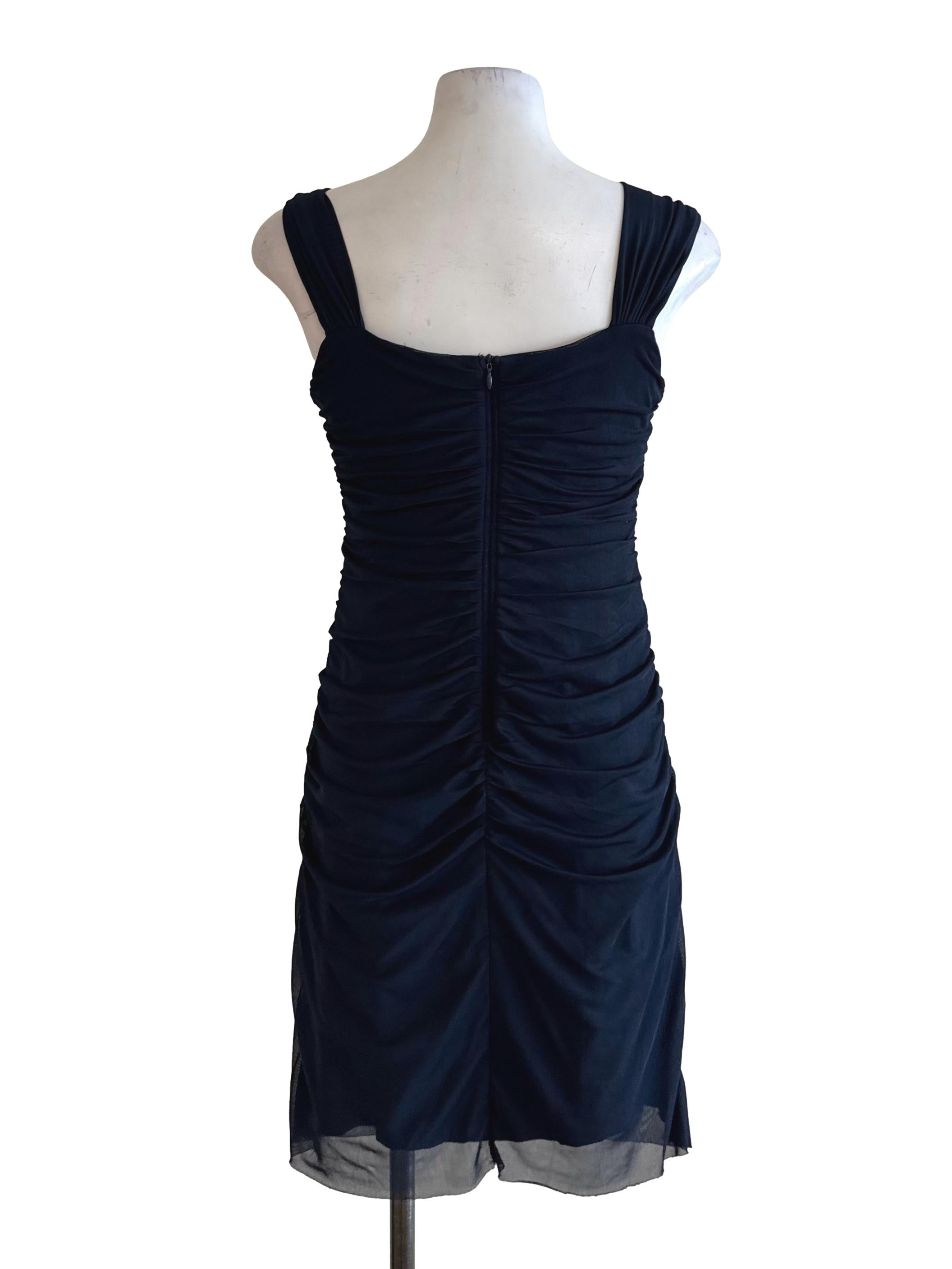 Navy Blue Ruched Mesh Net Dress