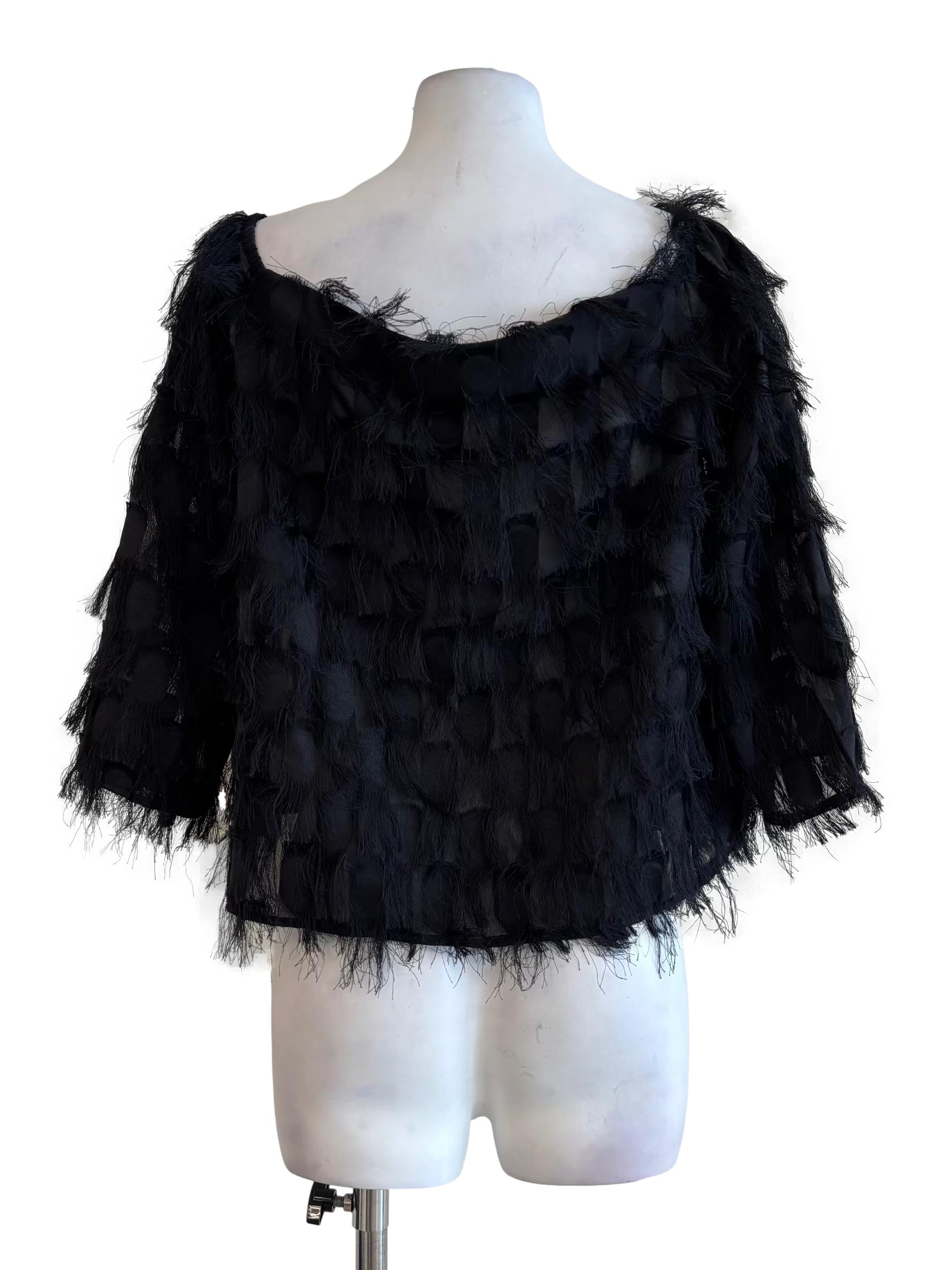 Jet Black Boat Neck Fuzzy Top