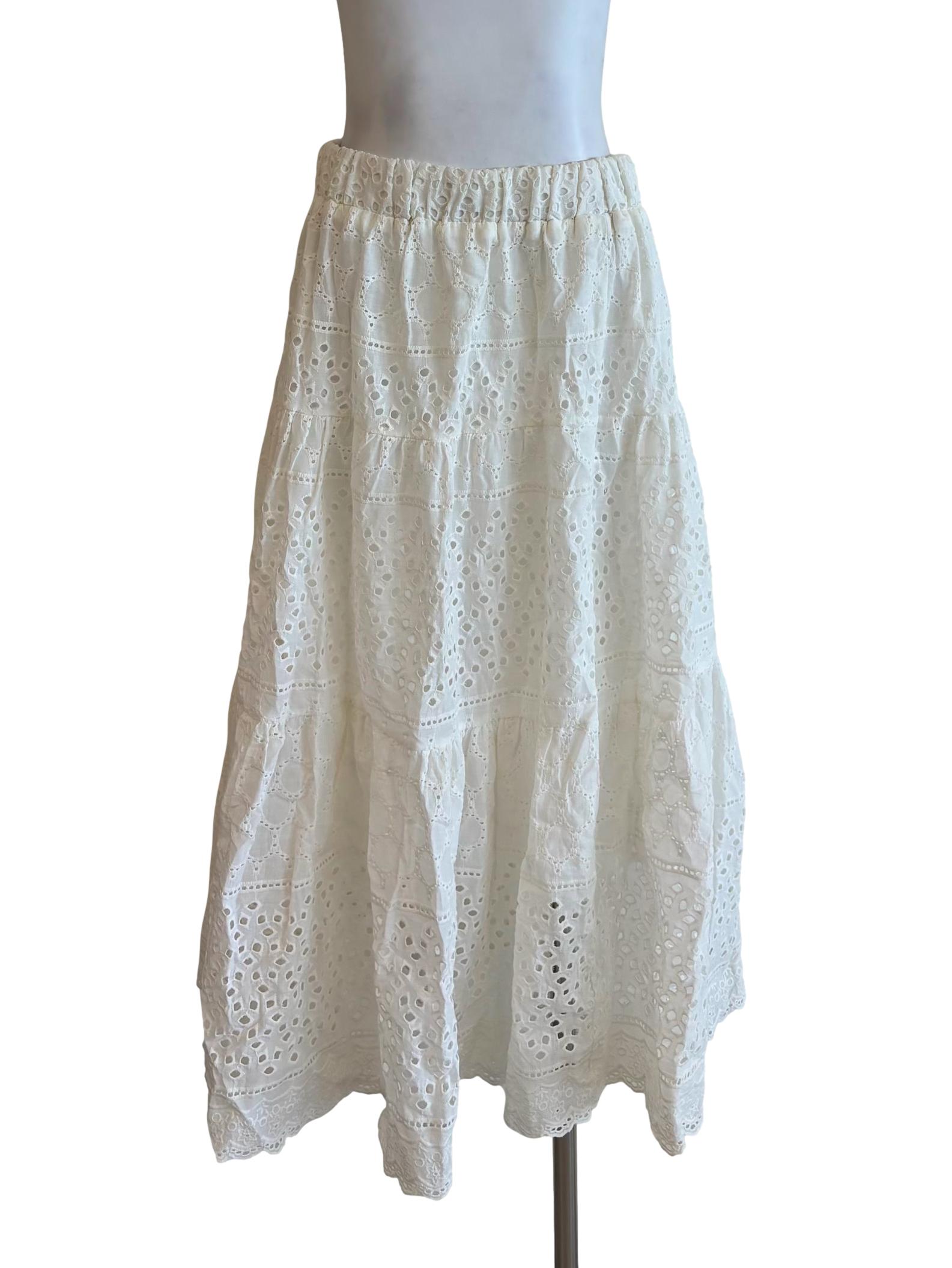 Powder White Cotton Eyelet Skirt