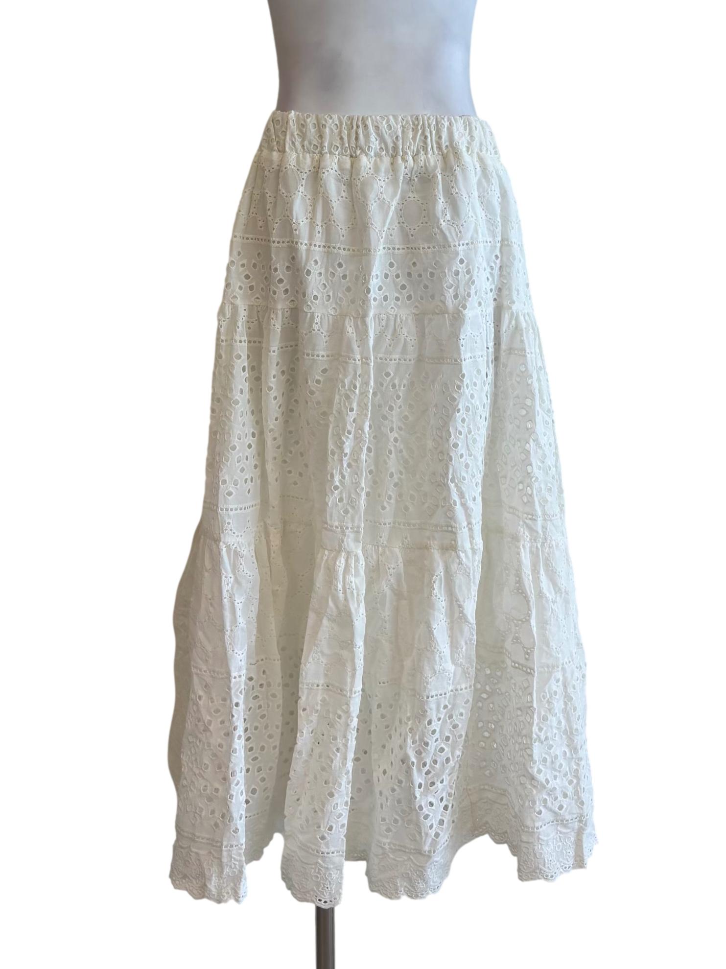 Powder White Cotton Eyelet Skirt