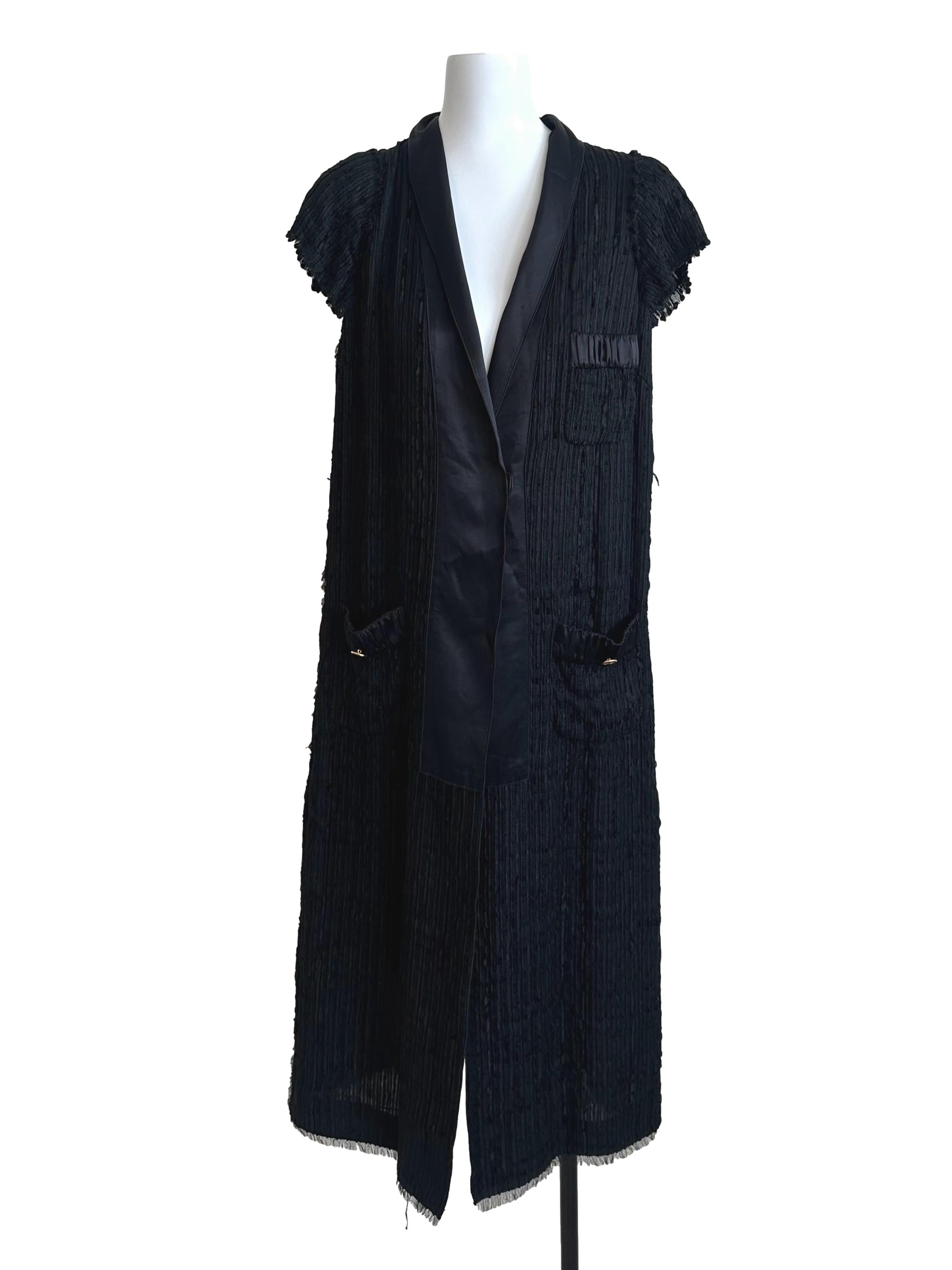 Rich Black Deep V Neck Textured Slit Dress