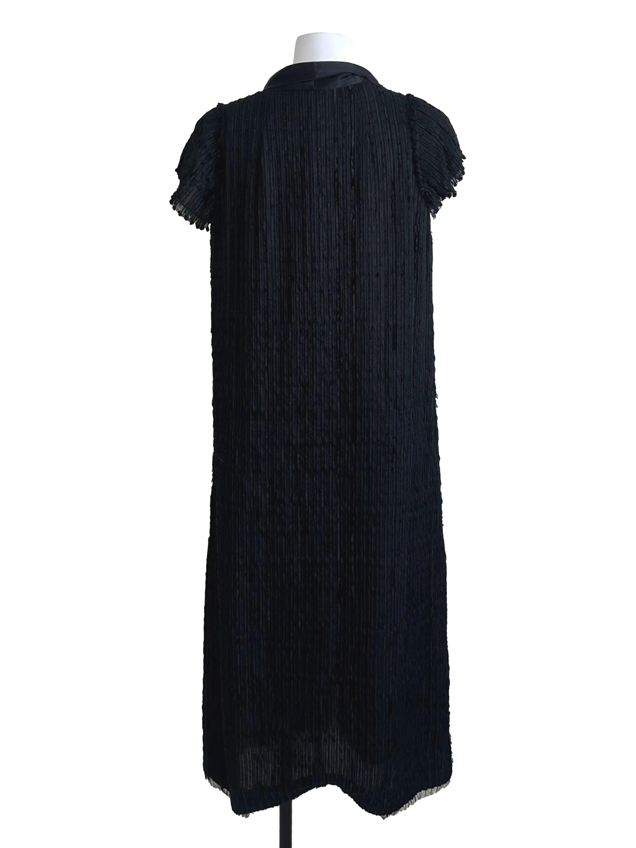 Rich Black Deep V Neck Textured Slit Dress