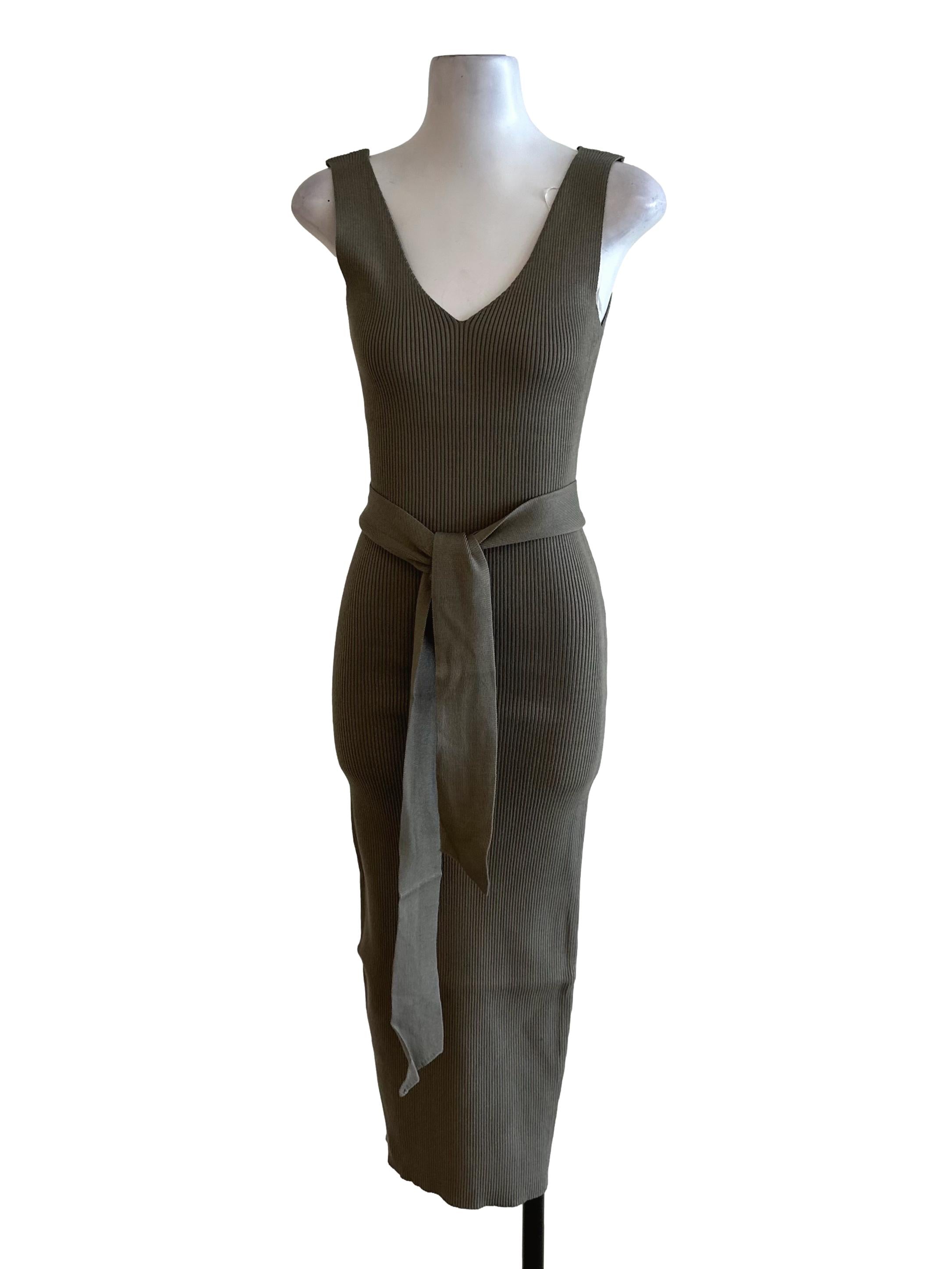 Dark Sage Green V Neck Knit Strap Dress
