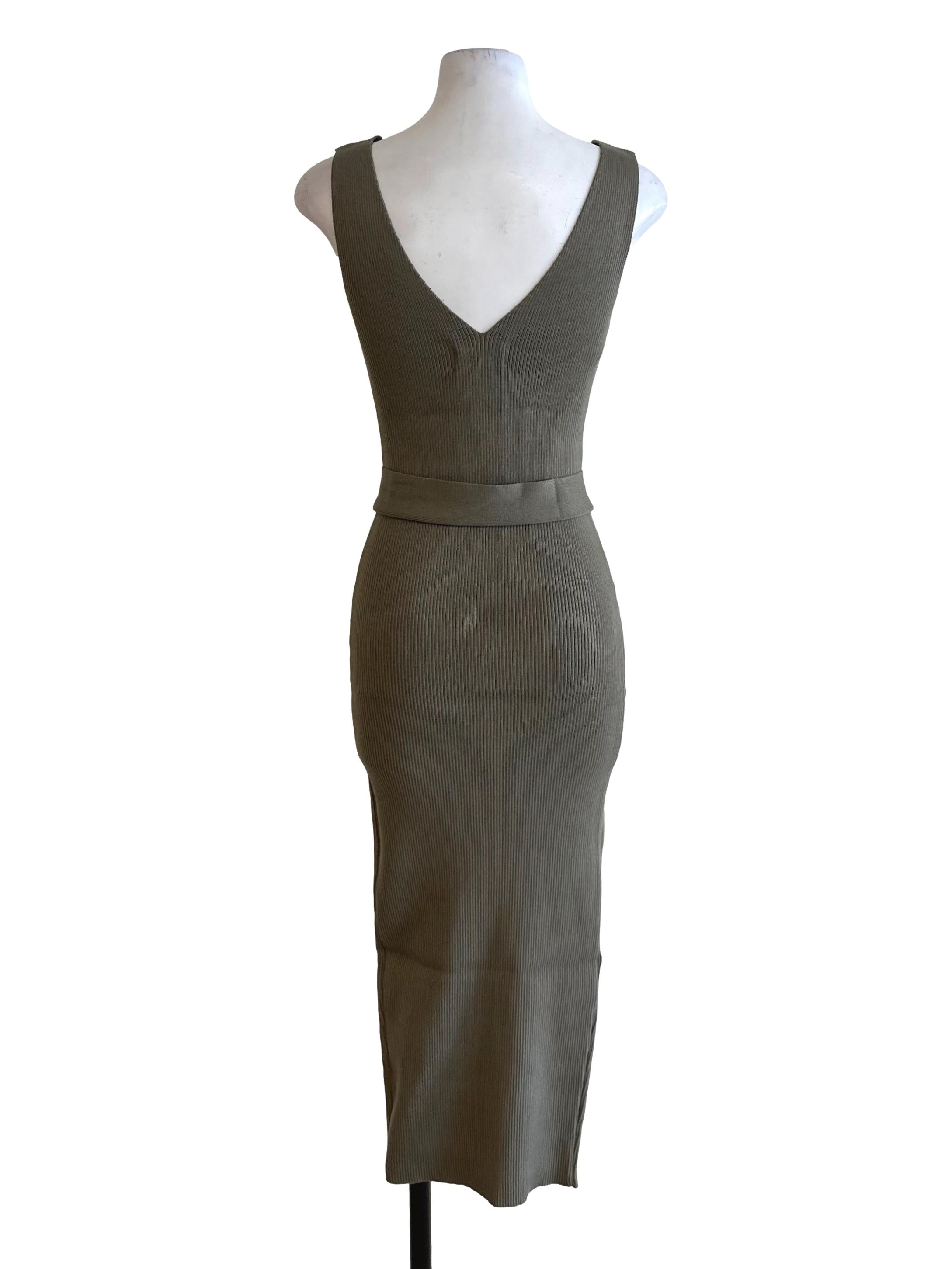 Dark Sage Green V Neck Knit Strap Dress