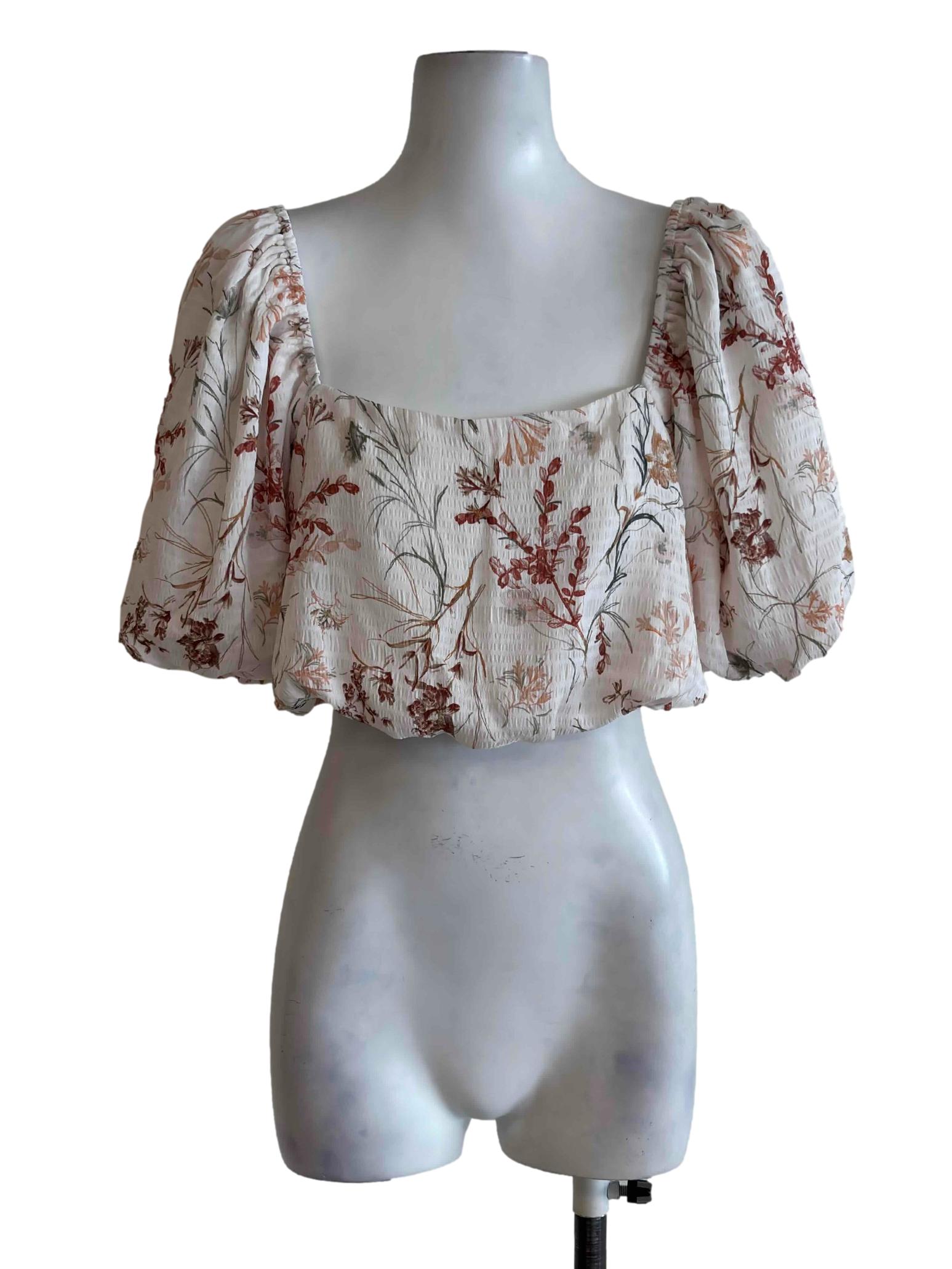 Cream Floral Print Balloon Crop Top