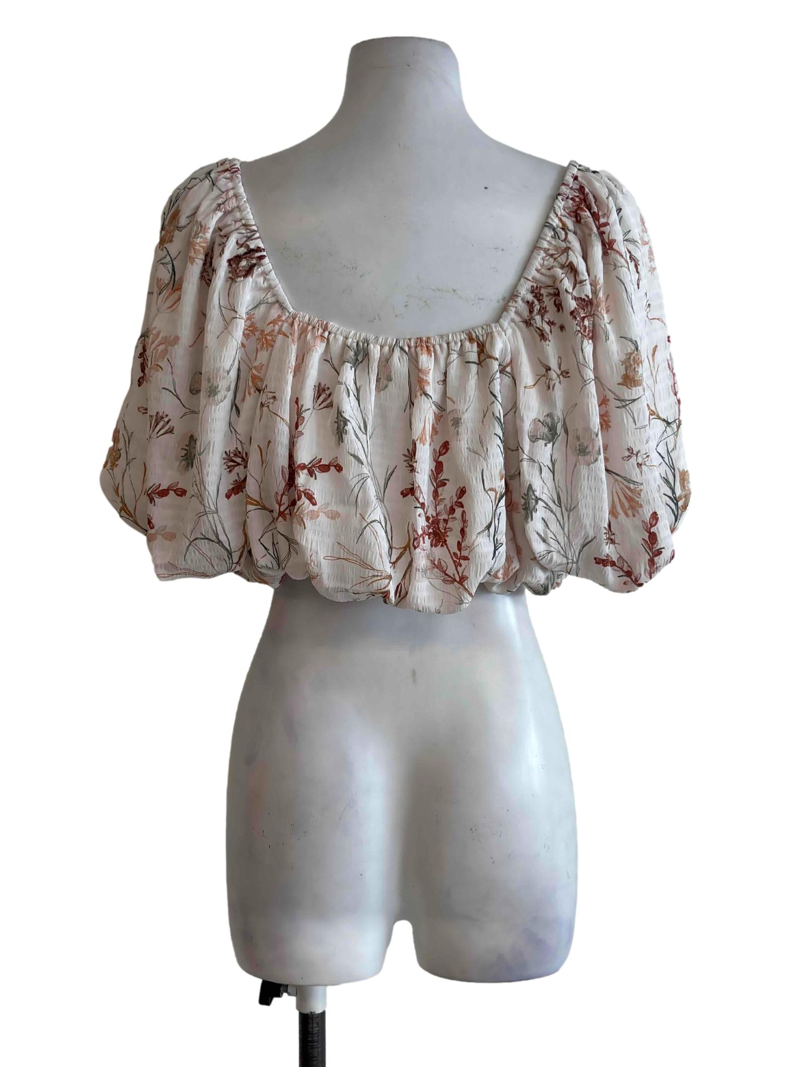 Cream Floral Print Balloon Crop Top