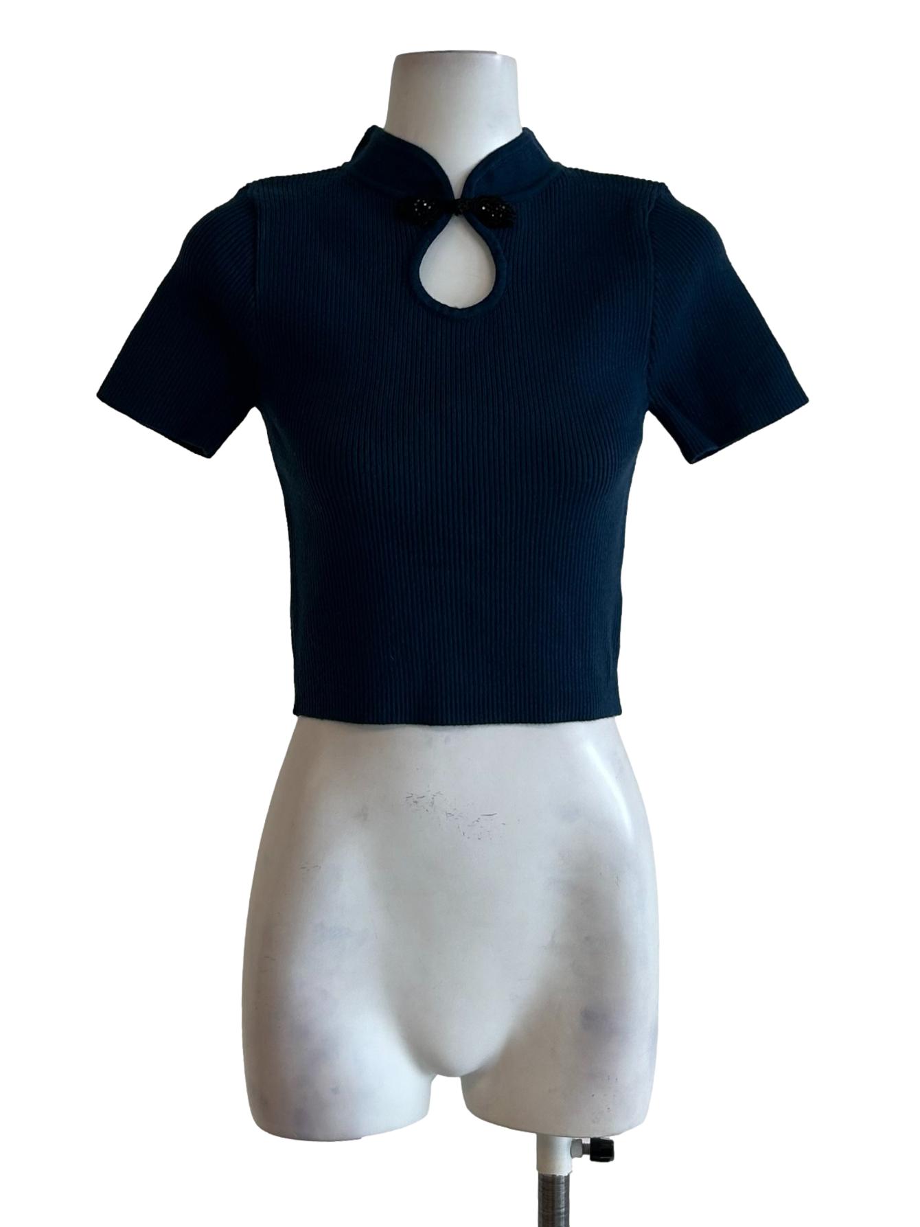 Aegean Blue Ribbed Cheongsam Top