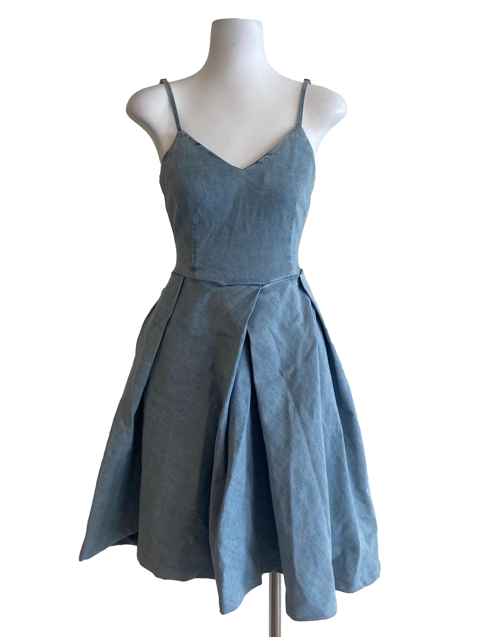 Blue Sleeveless Hearts Neck Jeans Apron Dress