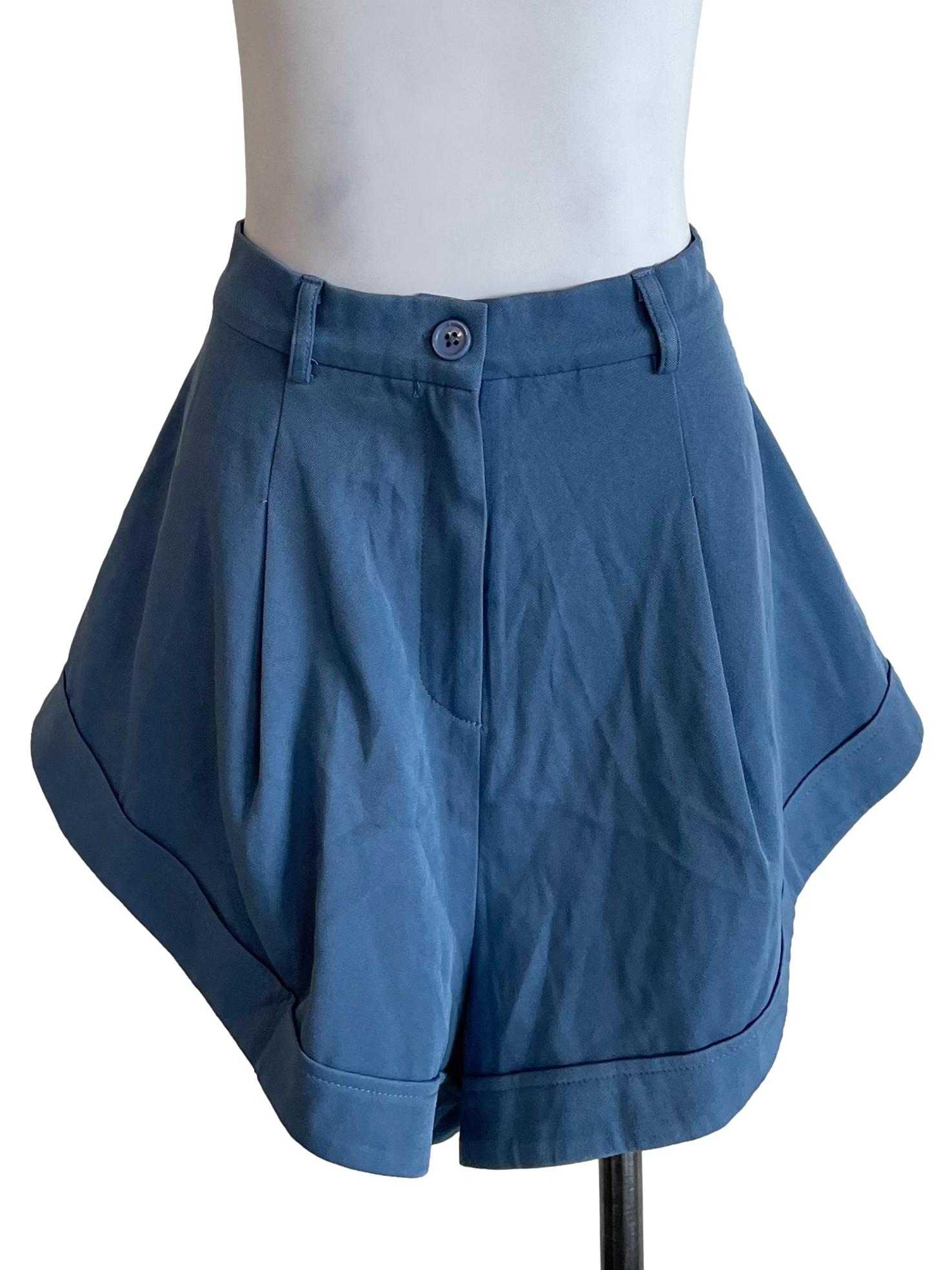 Dull Cerulean Cuffed Pleated Shorts
