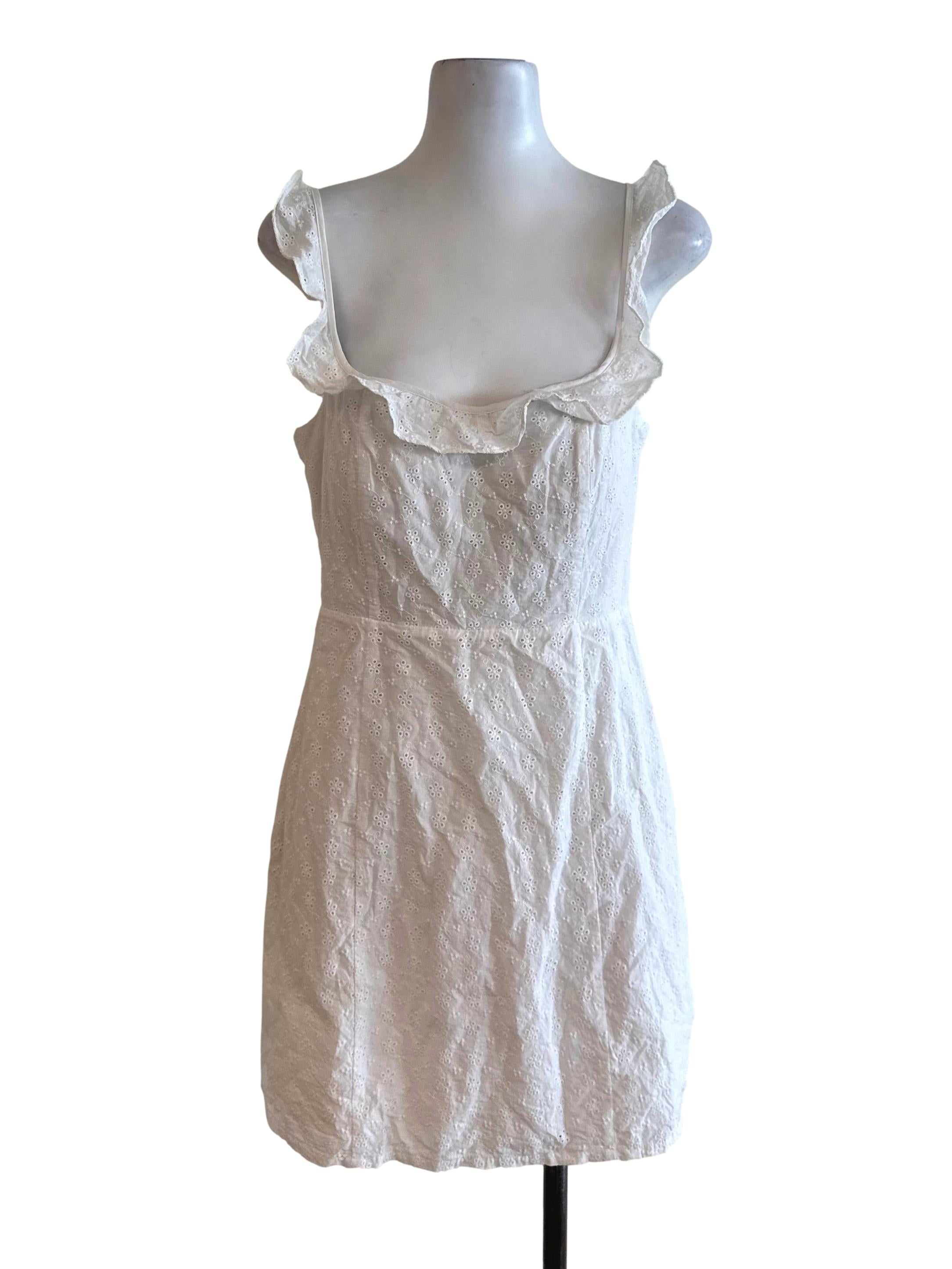Ivory White Textured Eyelet Embroidery Ruffle Dress