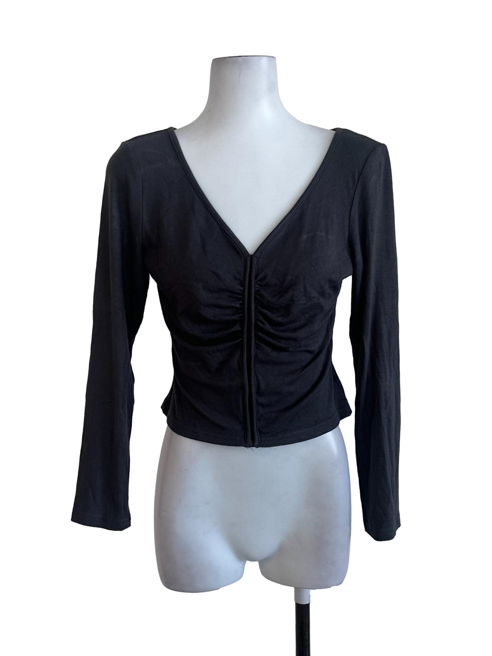 Grey Plain V Neck Long Sleeve Top