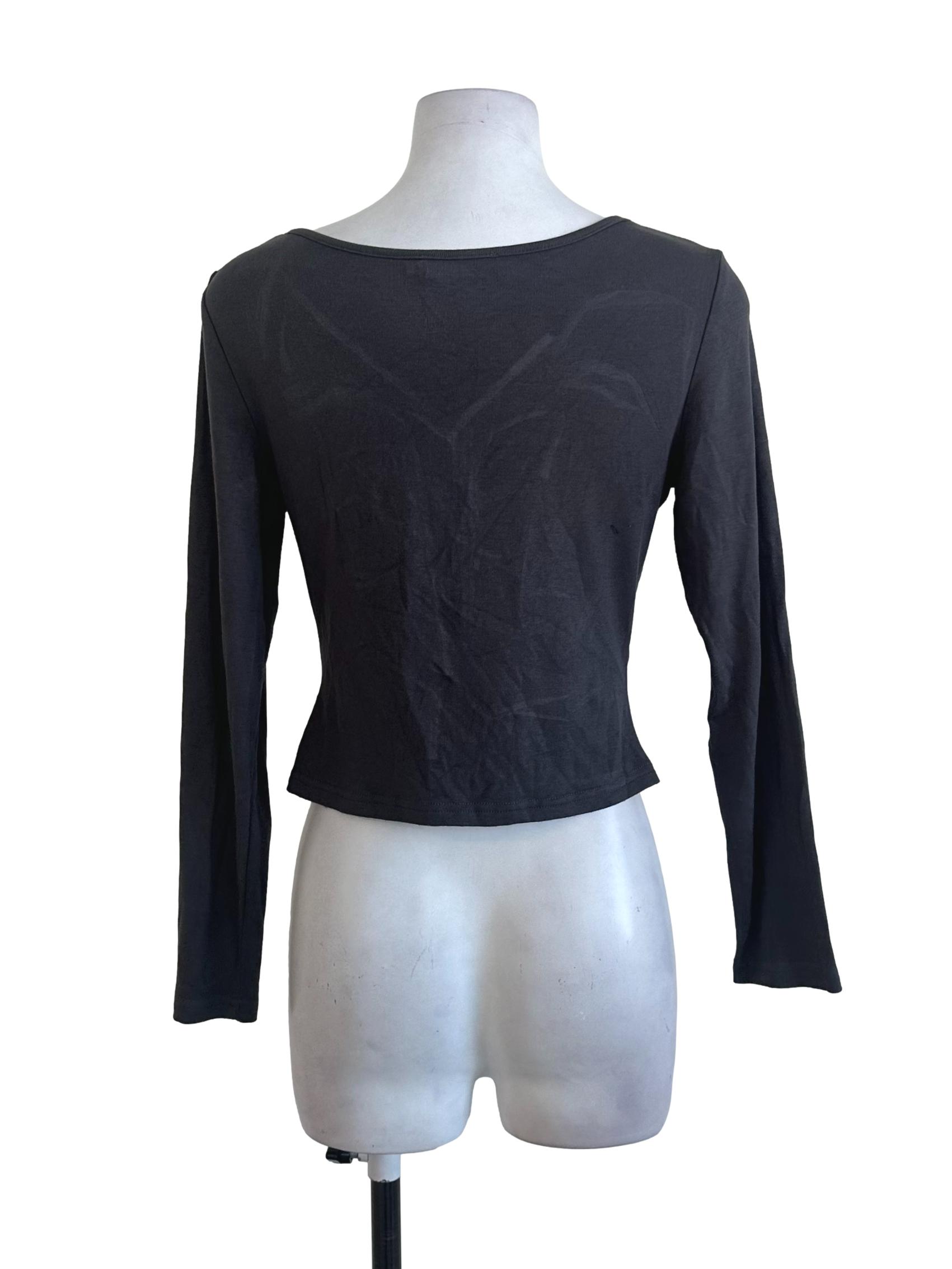 Grey Plain V Neck Long Sleeve Top