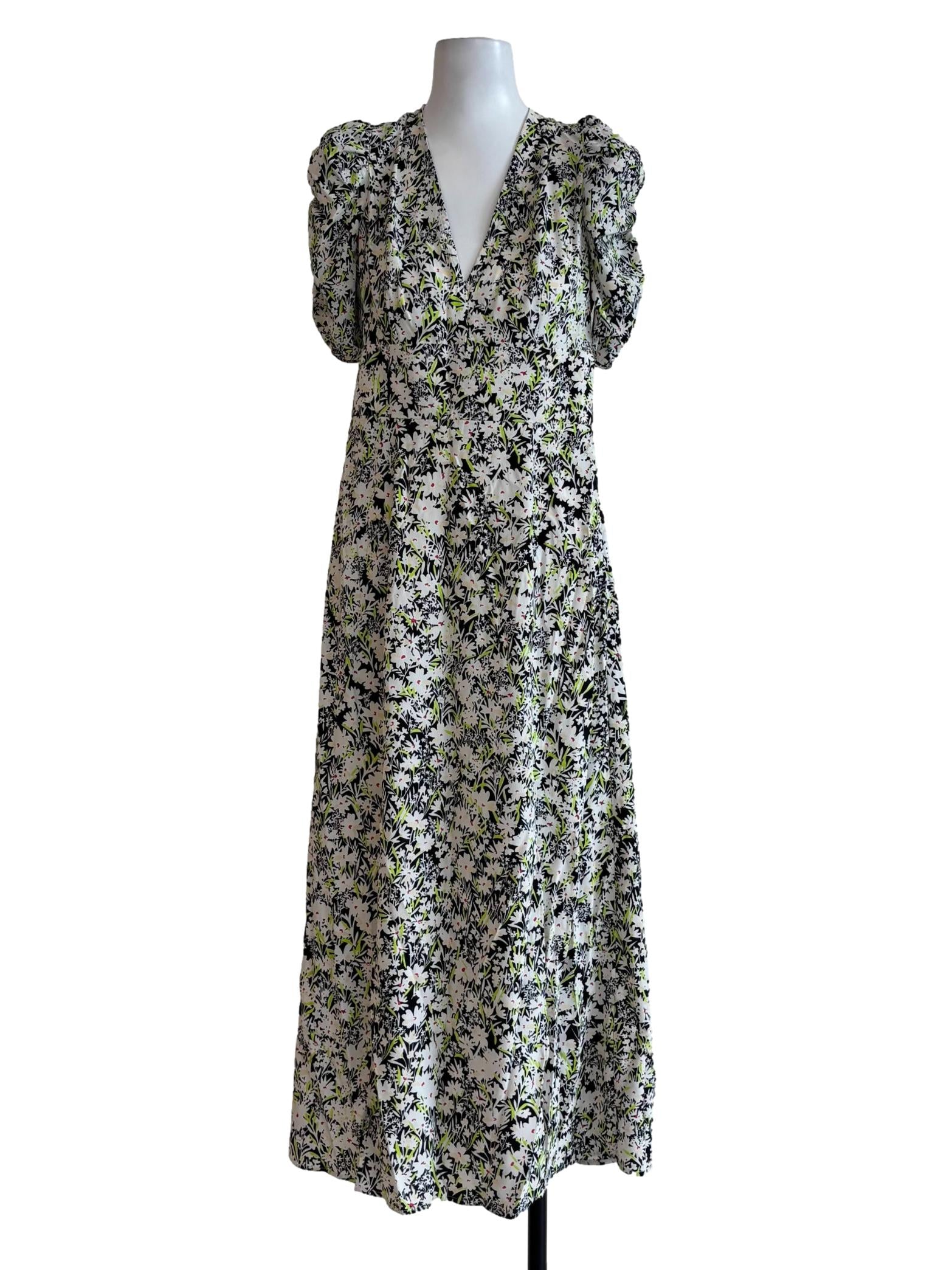 White And Green Floral V-Neck Dress