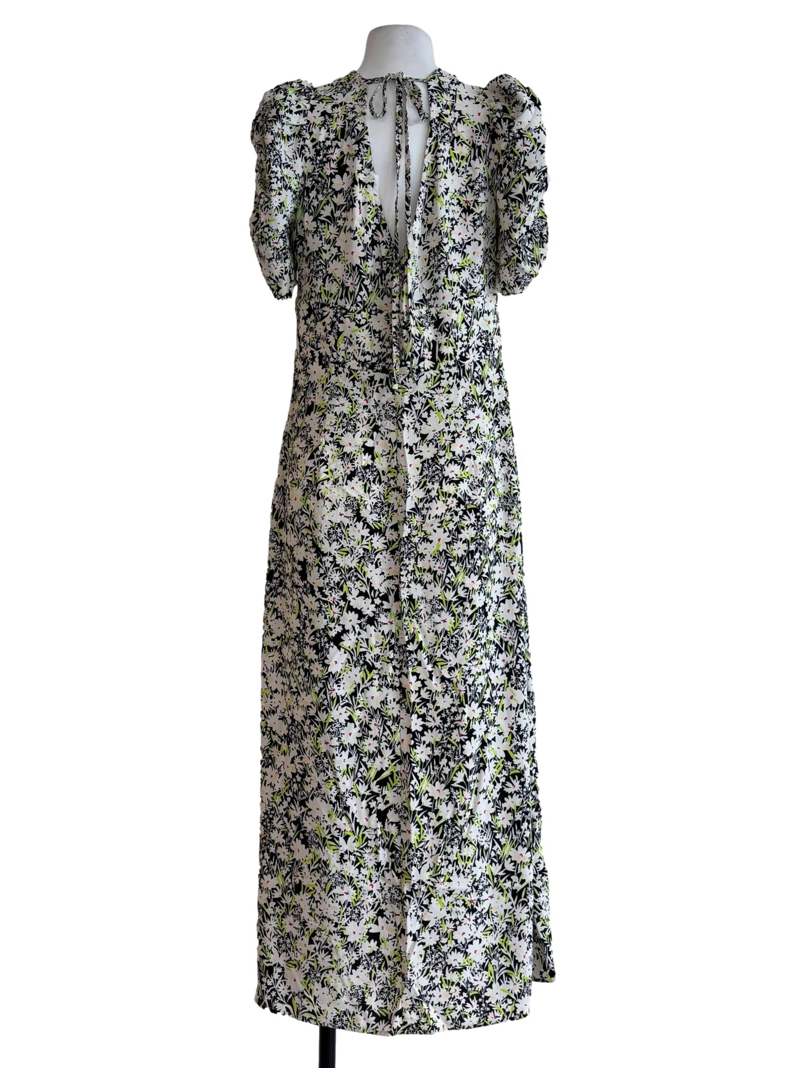 White And Green Floral V-Neck Dress