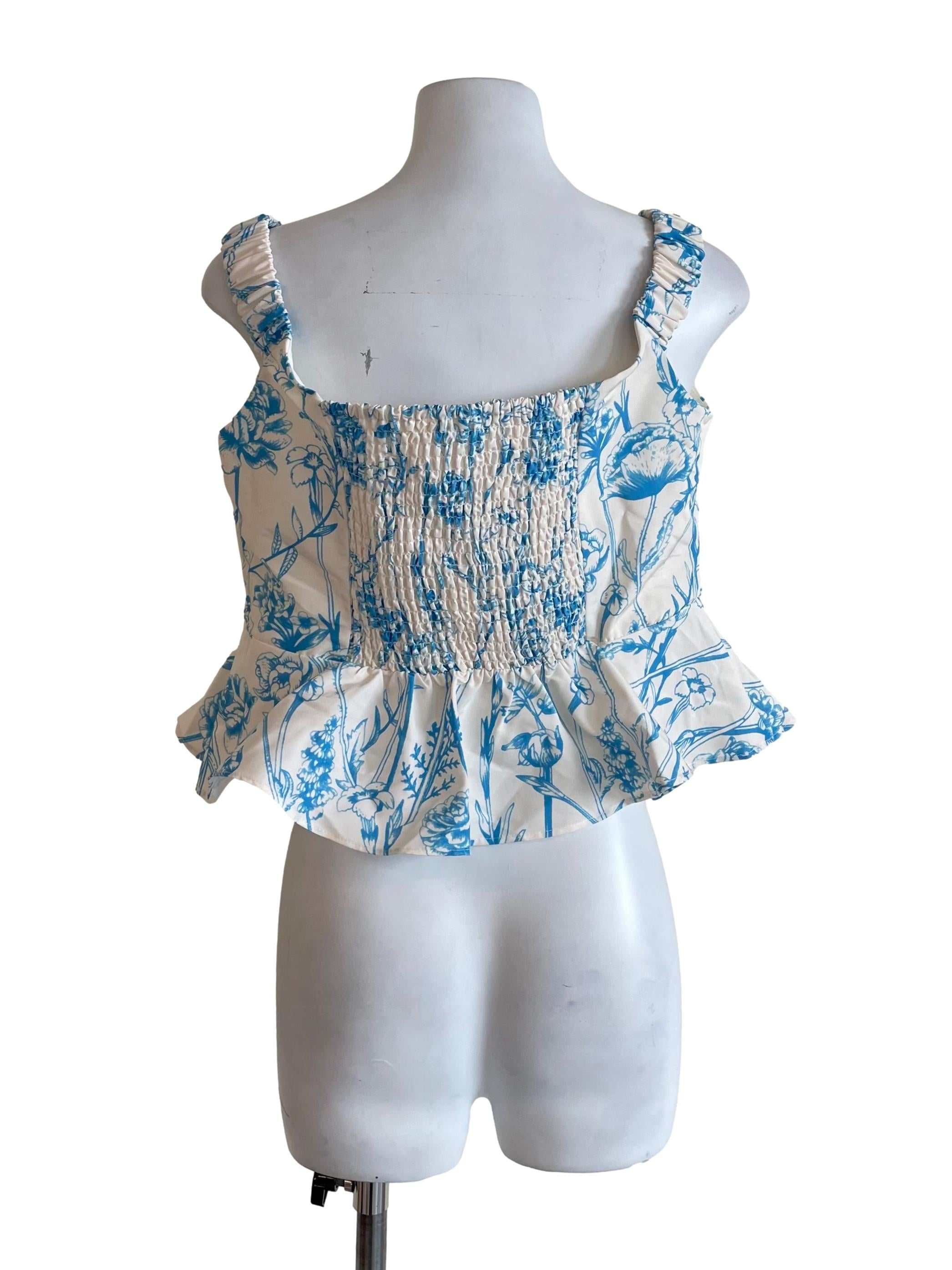 Off White And Cerulean Floral Peplum Top