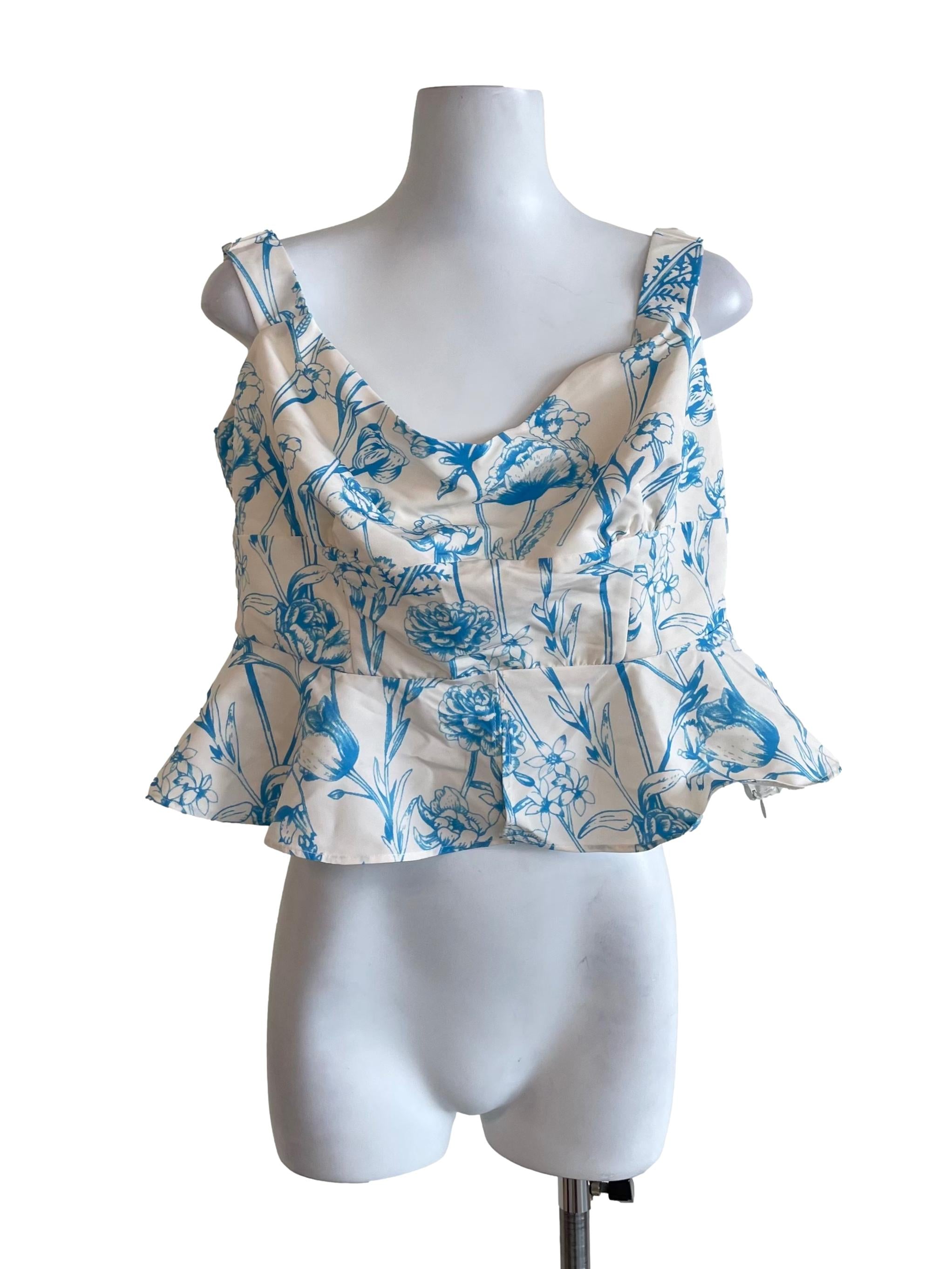 Off White And Cerulean Floral Peplum Top