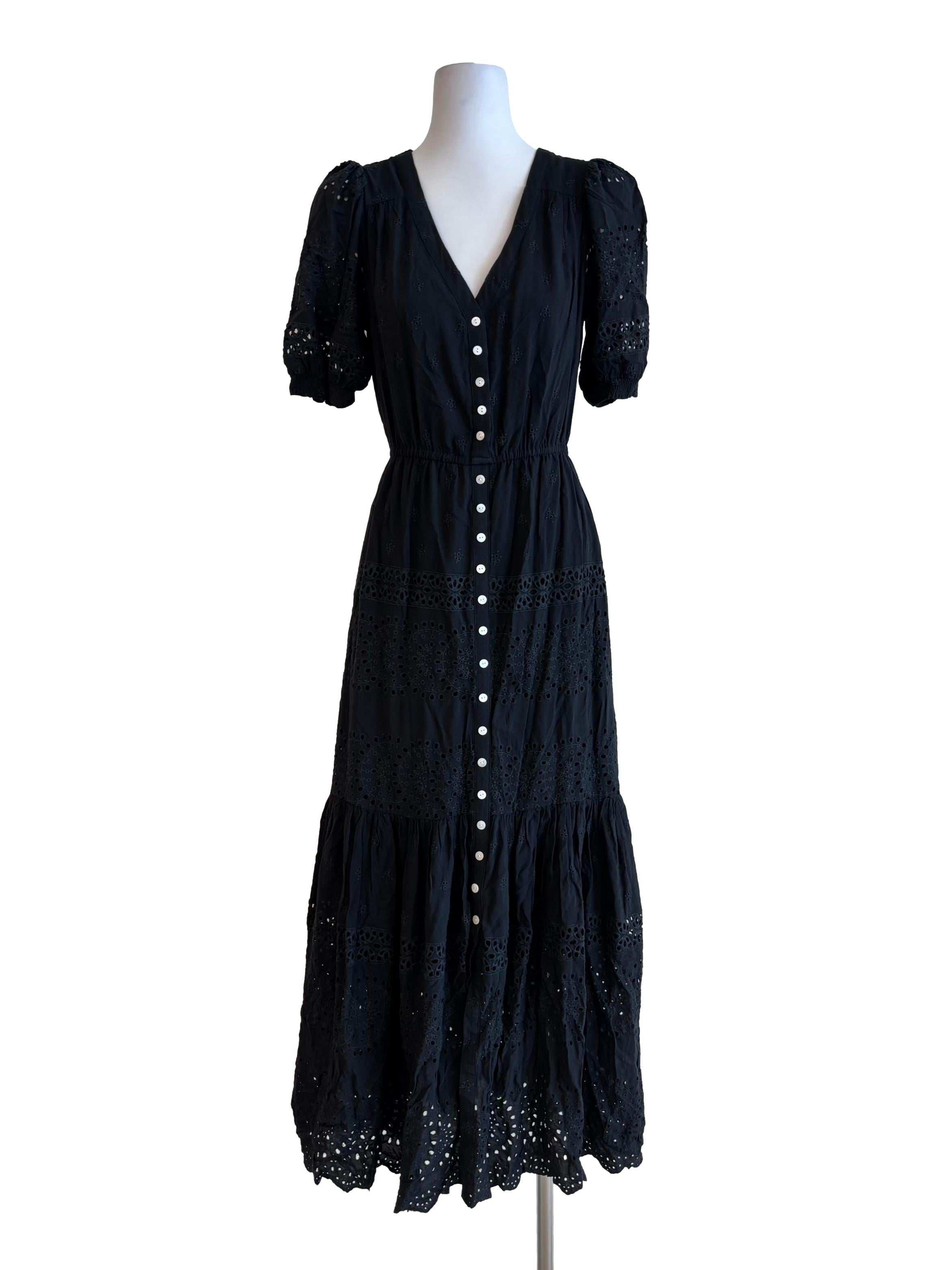 Jet Black Buttoned Eyelet Dress