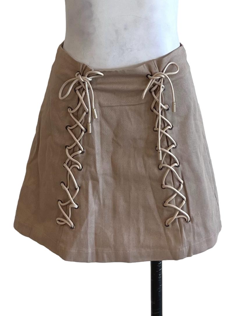 Beige Lace-up Mini Skirt